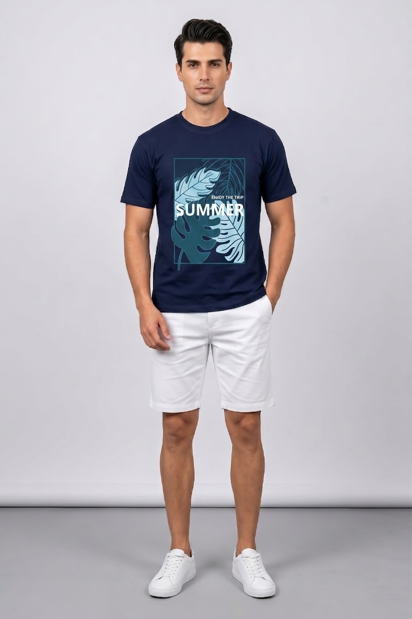 Attire Hub Mens Pure Cotton Navy Enjoy The Summer Printed Round T-Shirt