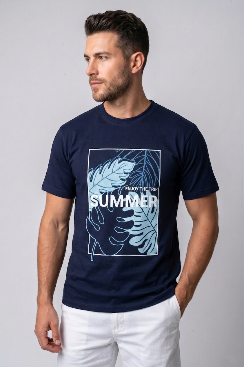 Attire Hub Mens Pure Cotton Navy Enjoy The Summer Printed Round T-Shirt