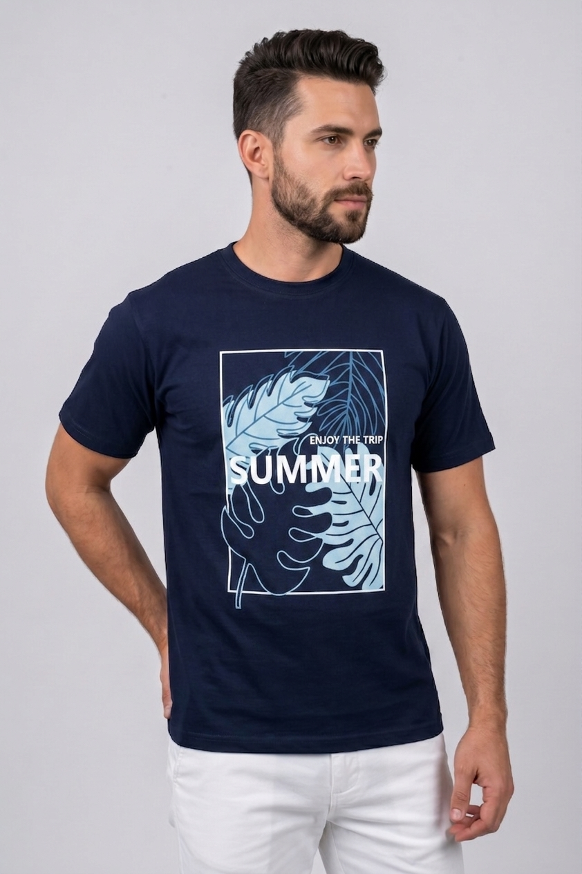 Attire Hub Mens Pure Cotton Navy Enjoy The Summer Printed Round T-Shirt