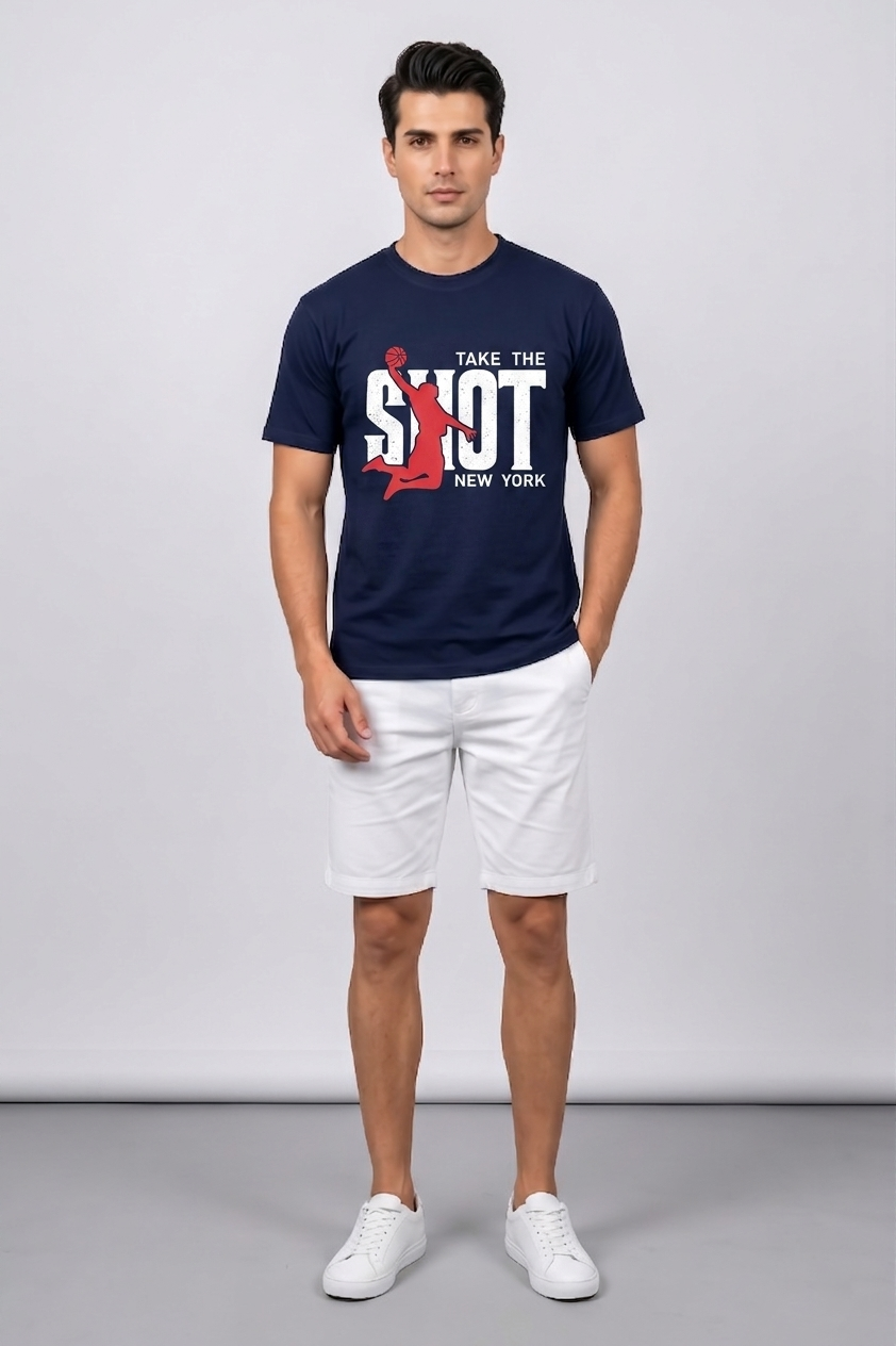 Attire Hub Mens Pure Cotton Navy Take The Shot Printed Round T-Shirt