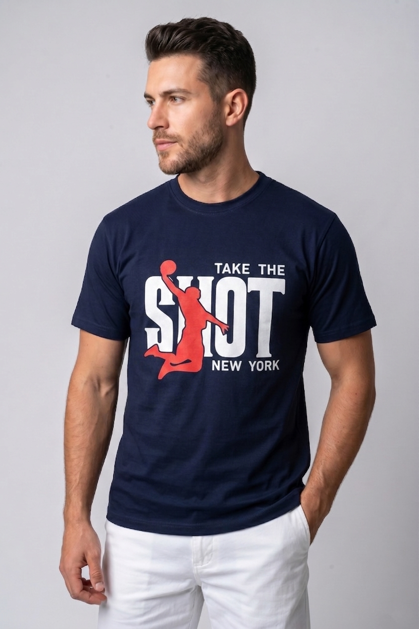 Attire Hub Mens Pure Cotton Navy Take The Shot Printed Round T-Shirt