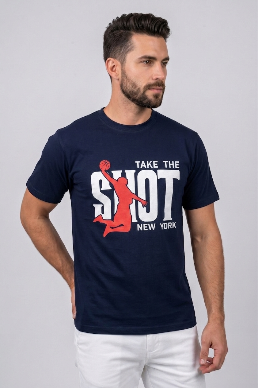 Attire Hub Mens Pure Cotton Navy Take The Shot Printed Round T-Shirt