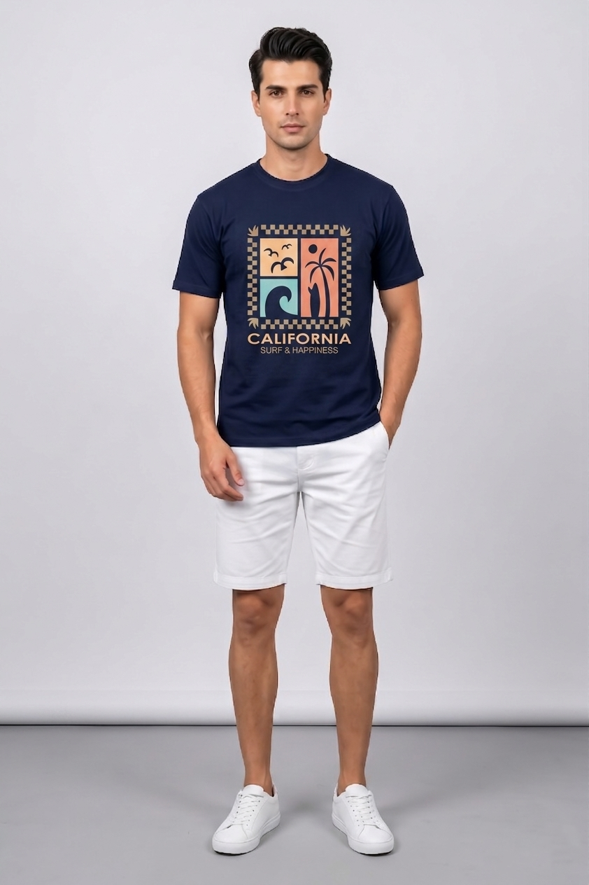 Attire Hub Mens Pure Cotton Navy Long California Printed Round T-Shirt