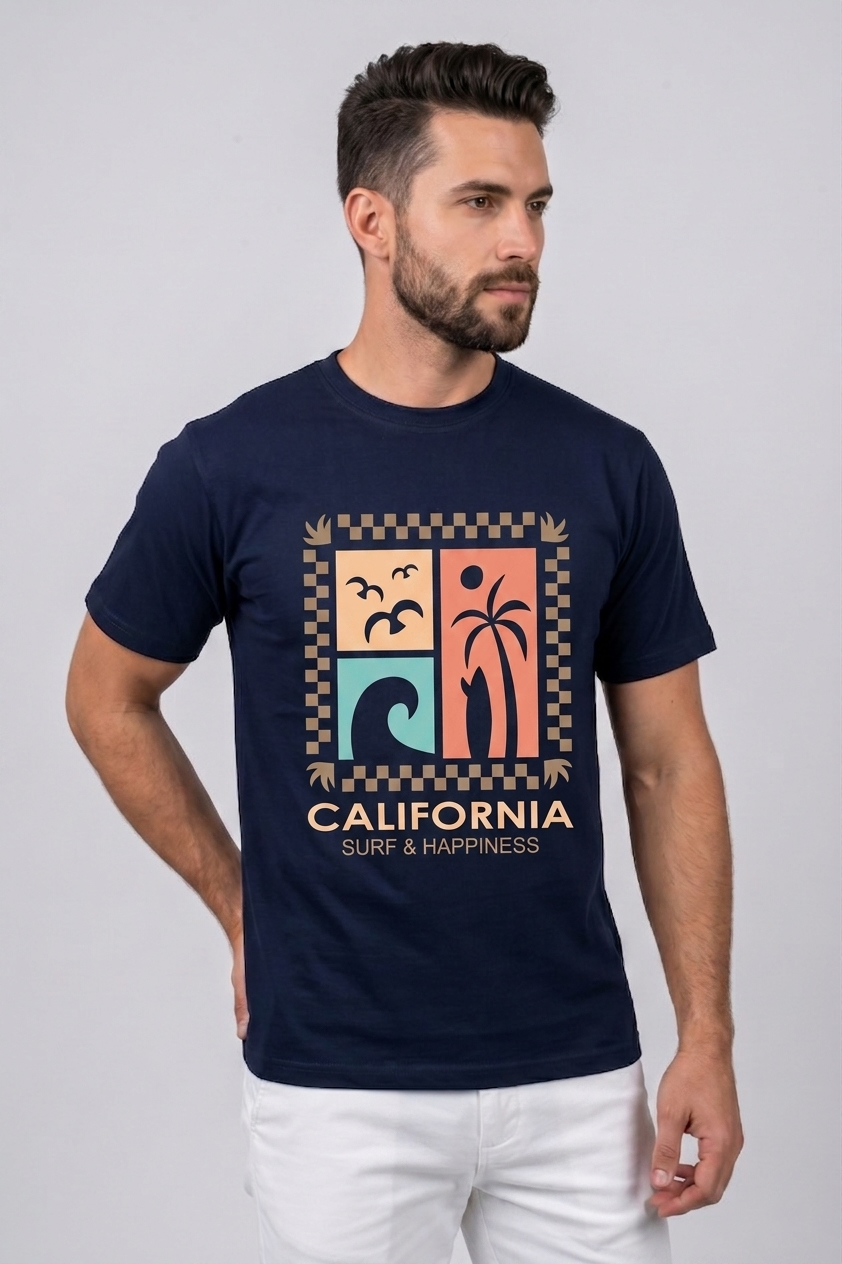 Attire Hub Mens Pure Cotton Navy Long California Printed Round T-Shirt