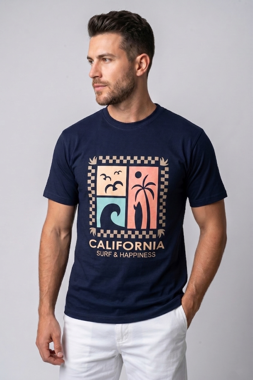 Attire Hub Mens Pure Cotton Navy Long California Printed Round T-Shirt
