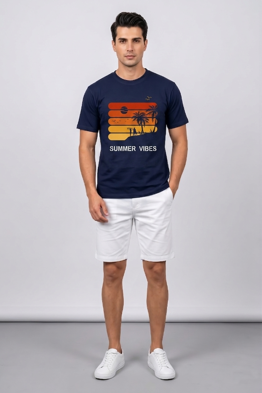 Attire Hub Mens Pure Cotton Navy Sunset Summer Vibes Printed Round T-Shirt