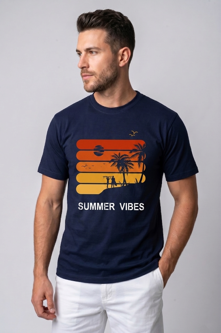 Attire Hub Mens Pure Cotton Navy Sunset Summer Vibes Printed Round T-Shirt