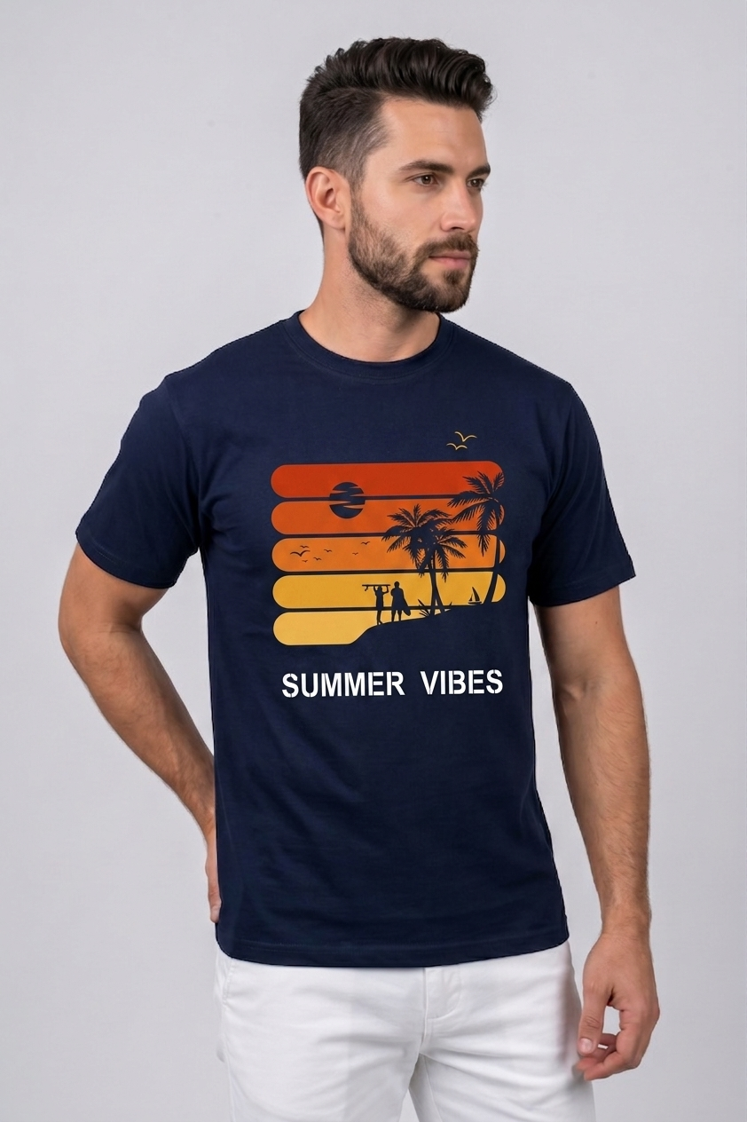 Attire Hub Mens Pure Cotton Navy Sunset Summer Vibes Printed Round T-Shirt
