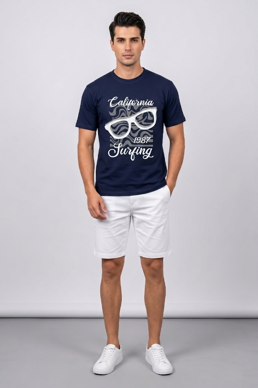 Attire Hub Mens Pure Cotton Navy California 1987 Printed Round T-Shirt