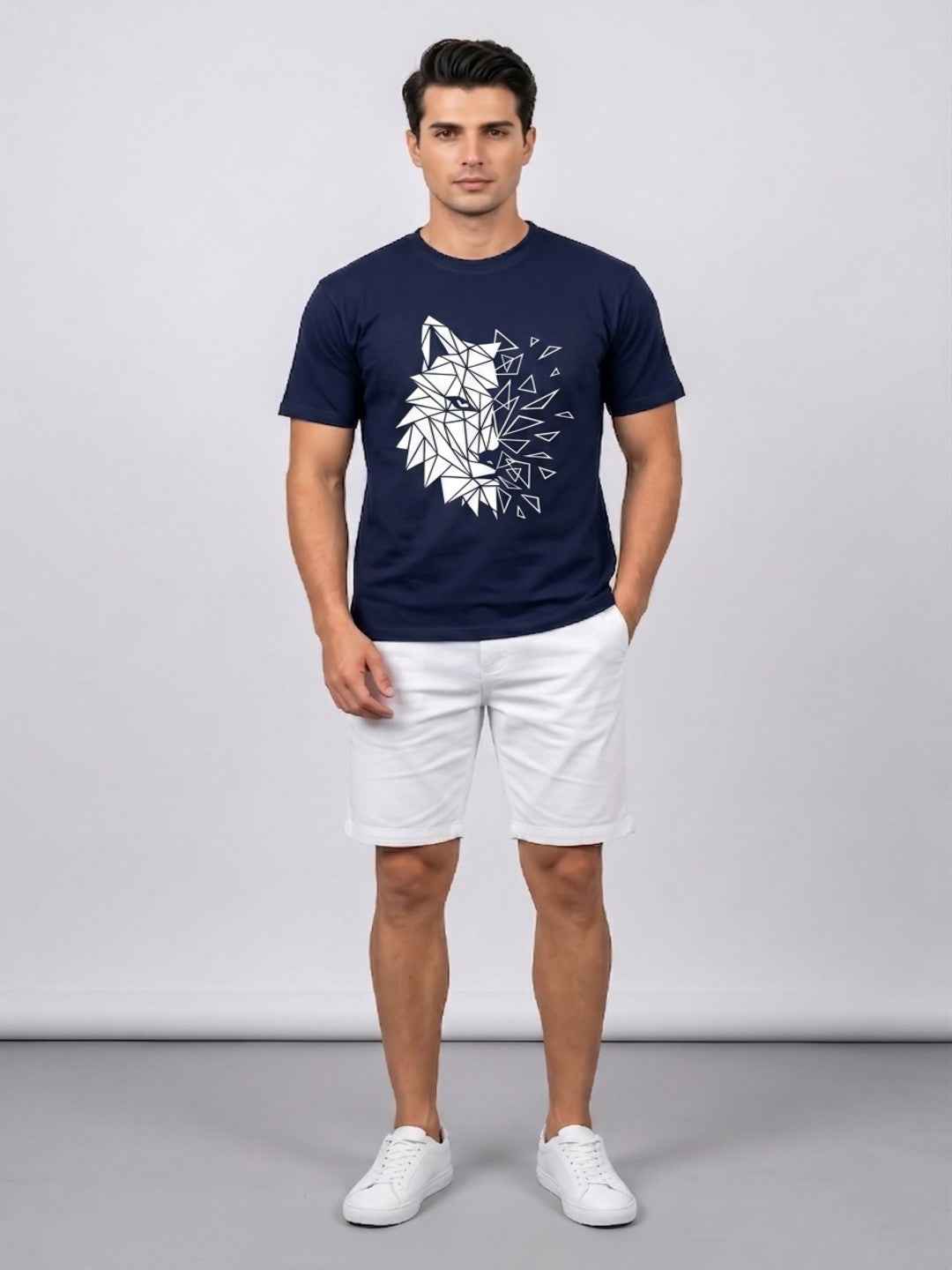 Attire Hub Mens Pure Cotton Navy Geomatric Wolf Printed Round T-Shirt