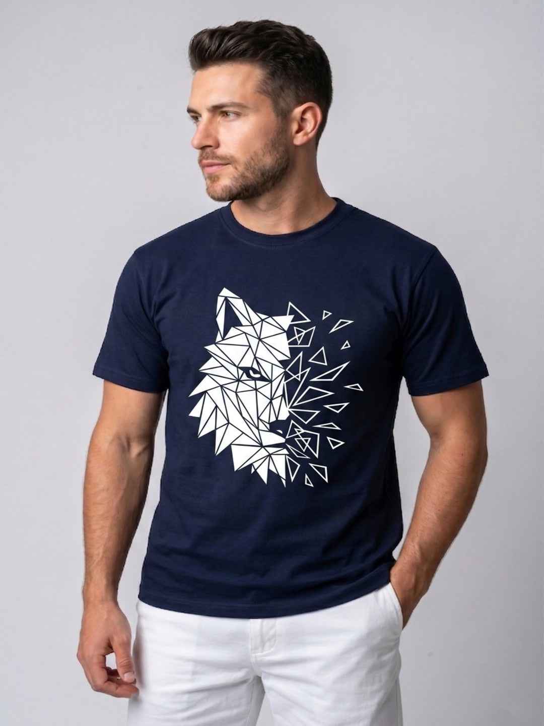Attire Hub Mens Pure Cotton Navy Geomatric Wolf Printed Round T-Shirt