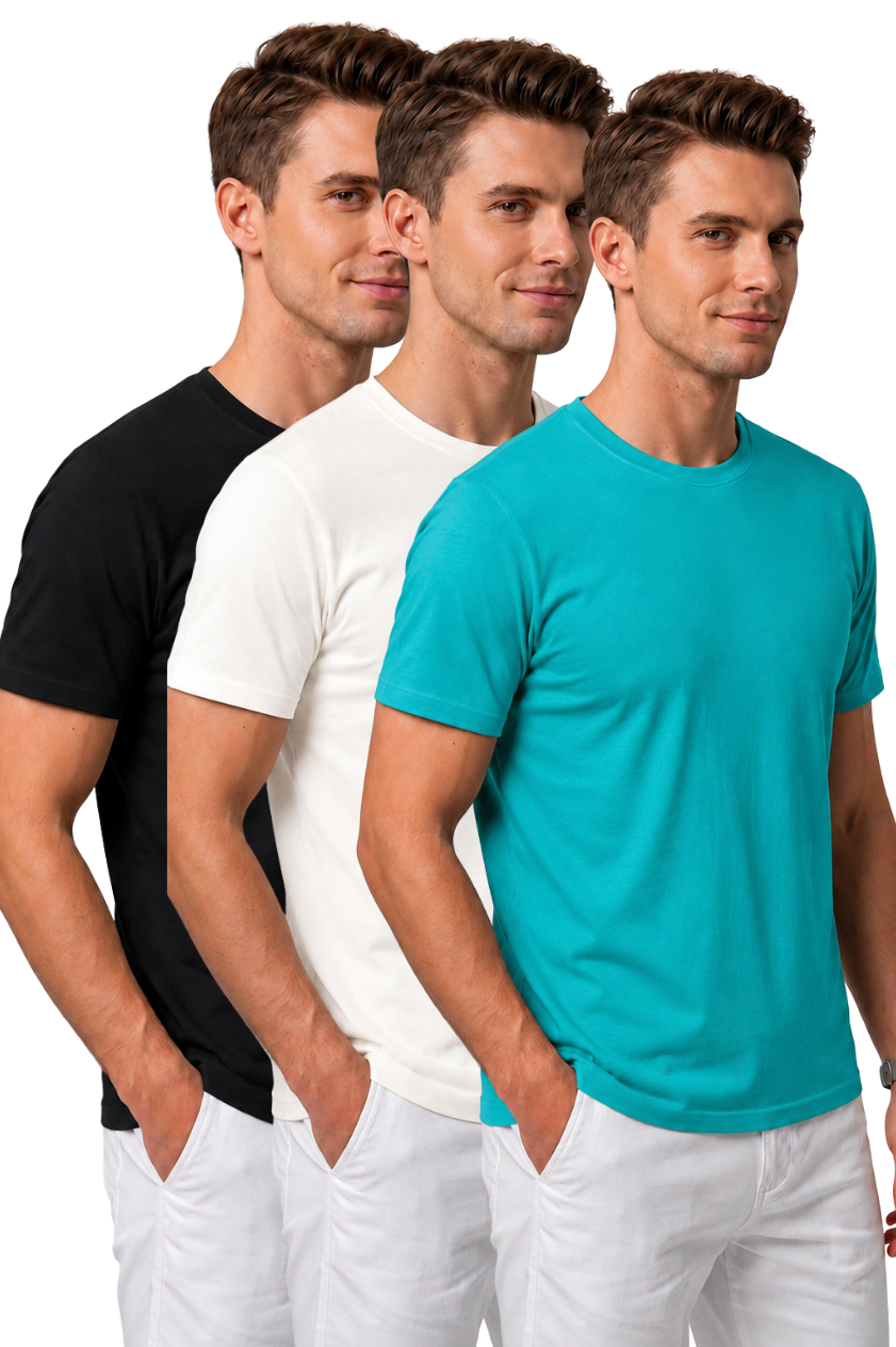 Attire Hub Mens Pure Cotton Black, White & Teal Multi Pack Solid Round T-Shirt (Pack of 3)