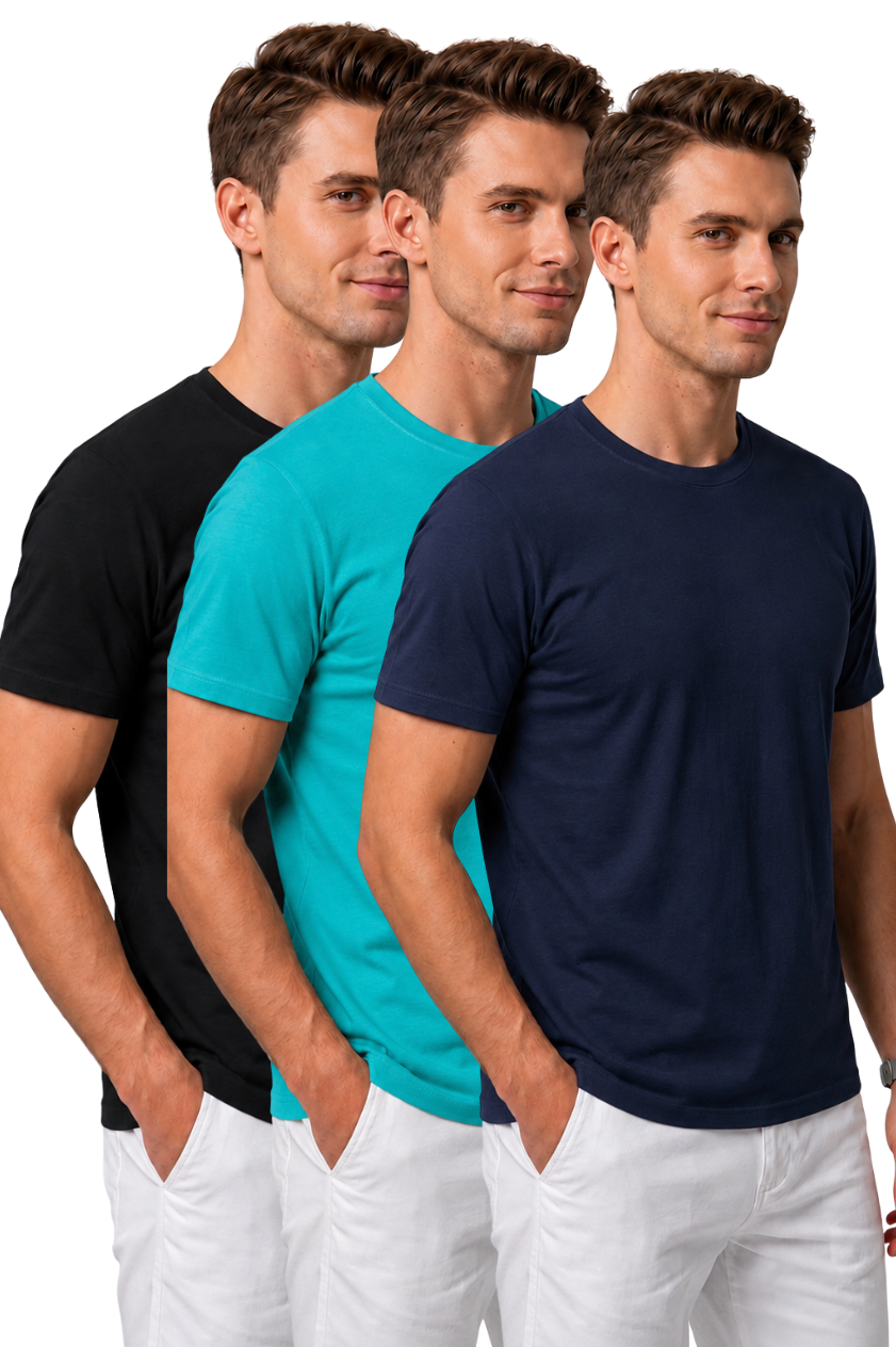 Attire Hub Mens Pure Cotton Black, Teal & Navy Multi Pack Solid Round T-Shirt (Pack of 3)