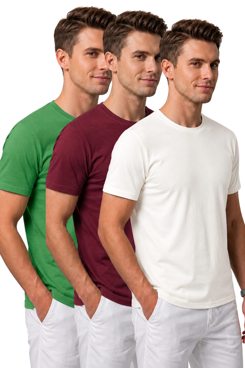 Attire Hub Mens Pure Cotton Grass Green, Maroon & White Multi Pack Solid Round T-Shirt (Pack of 3)