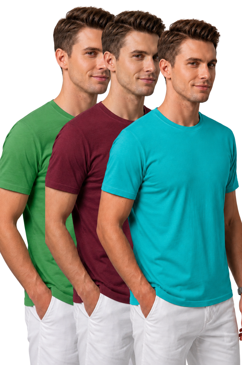 Attire Hub Mens Pure Cotton Grass Green, Maroon & Teal Multi Pack Solid Round T-Shirt (Pack of 3)