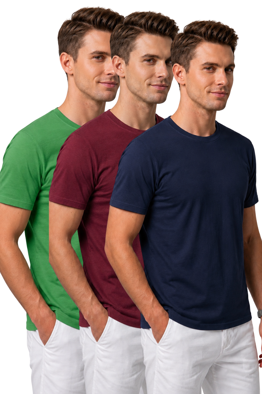 Attire Hub Mens Pure Cotton Grass Green, Maroon & Navy Multi Pack Solid Round T-Shirt (Pack of 3)