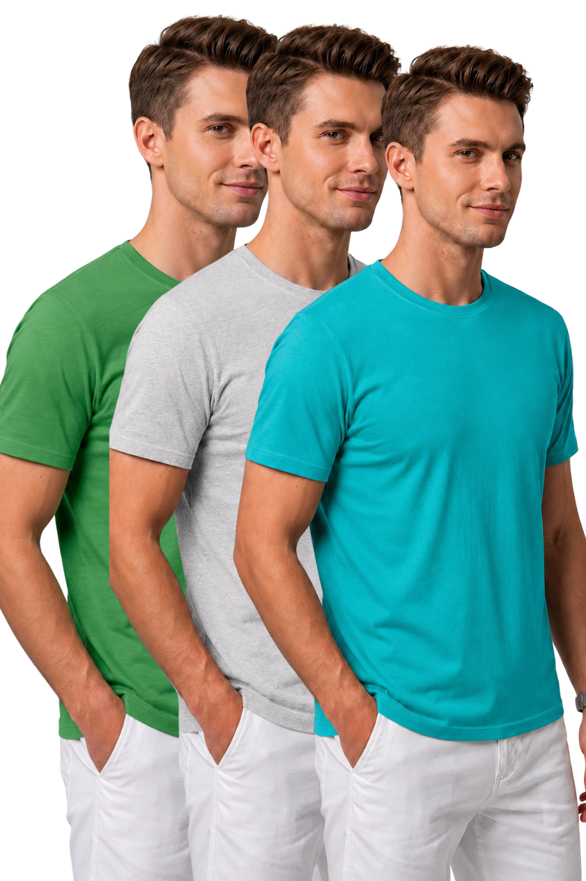 Attire Hub Mens Pure Cotton Grass Green, Grey & Teal Multi Pack Solid Round T-Shirt (Pack of 3)