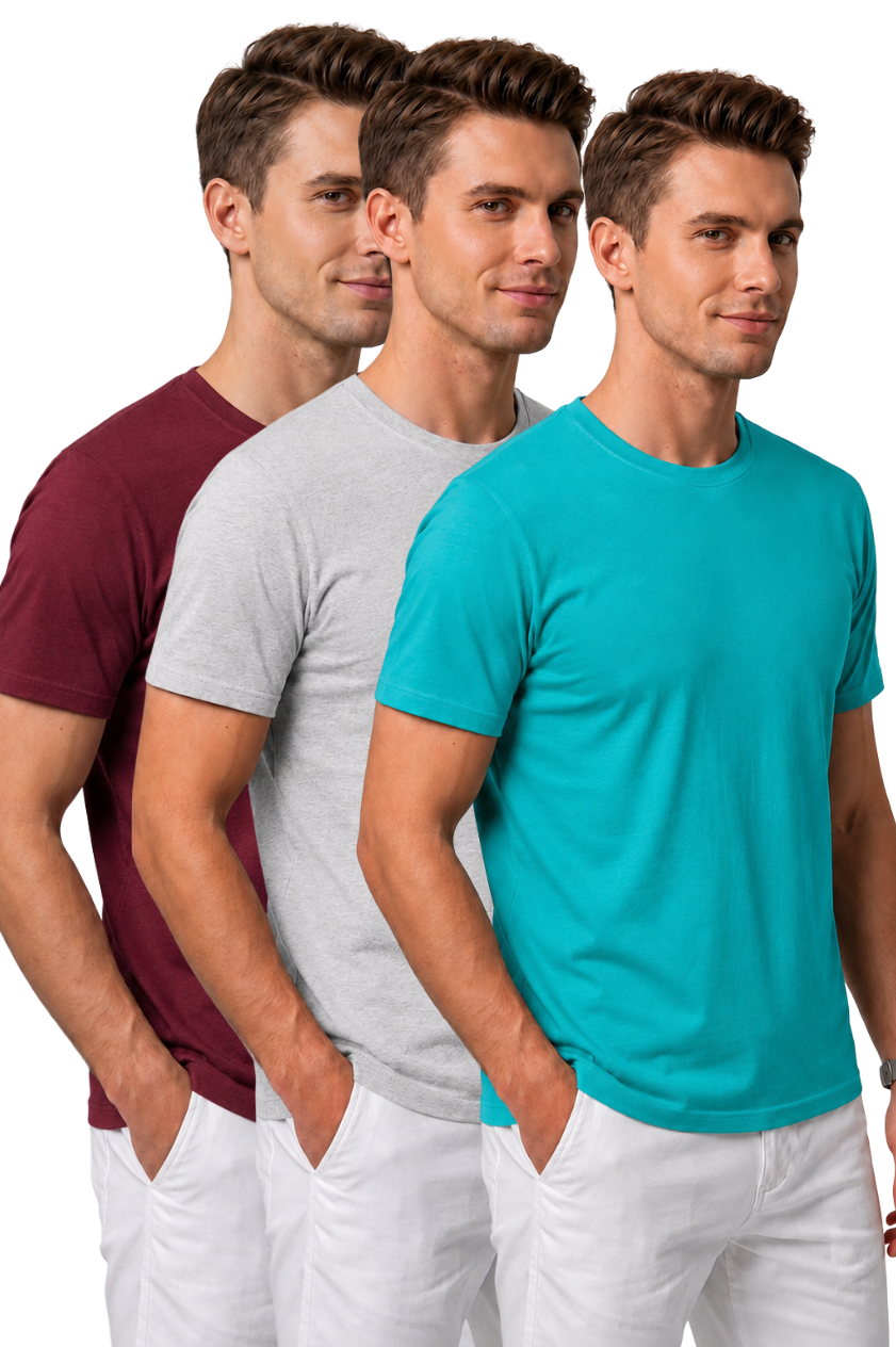 Attire Hub Mens Pure Cotton Maroon, Grey & Teal Multi Pack Solid Round T-Shirt (Pack of 3)