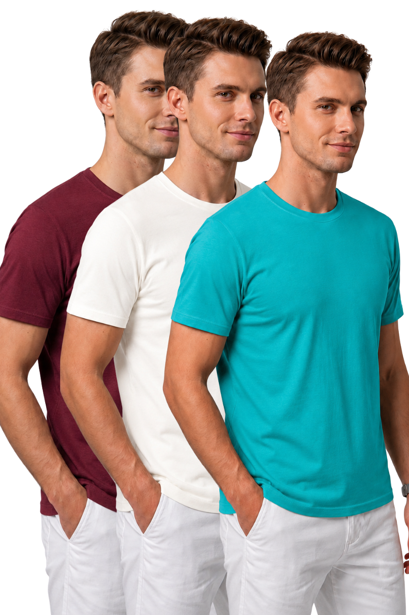 Attire Hub Mens Pure Cotton Maroon, White & Teal Multi Pack Solid Round T-Shirt (Pack of 3)
