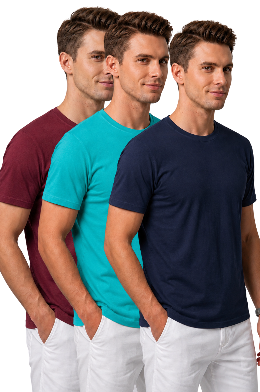 Attire Hub Mens Pure Cotton Maroon, Teal & Navy Multi Pack Solid Round T-Shirt (Pack of 3)