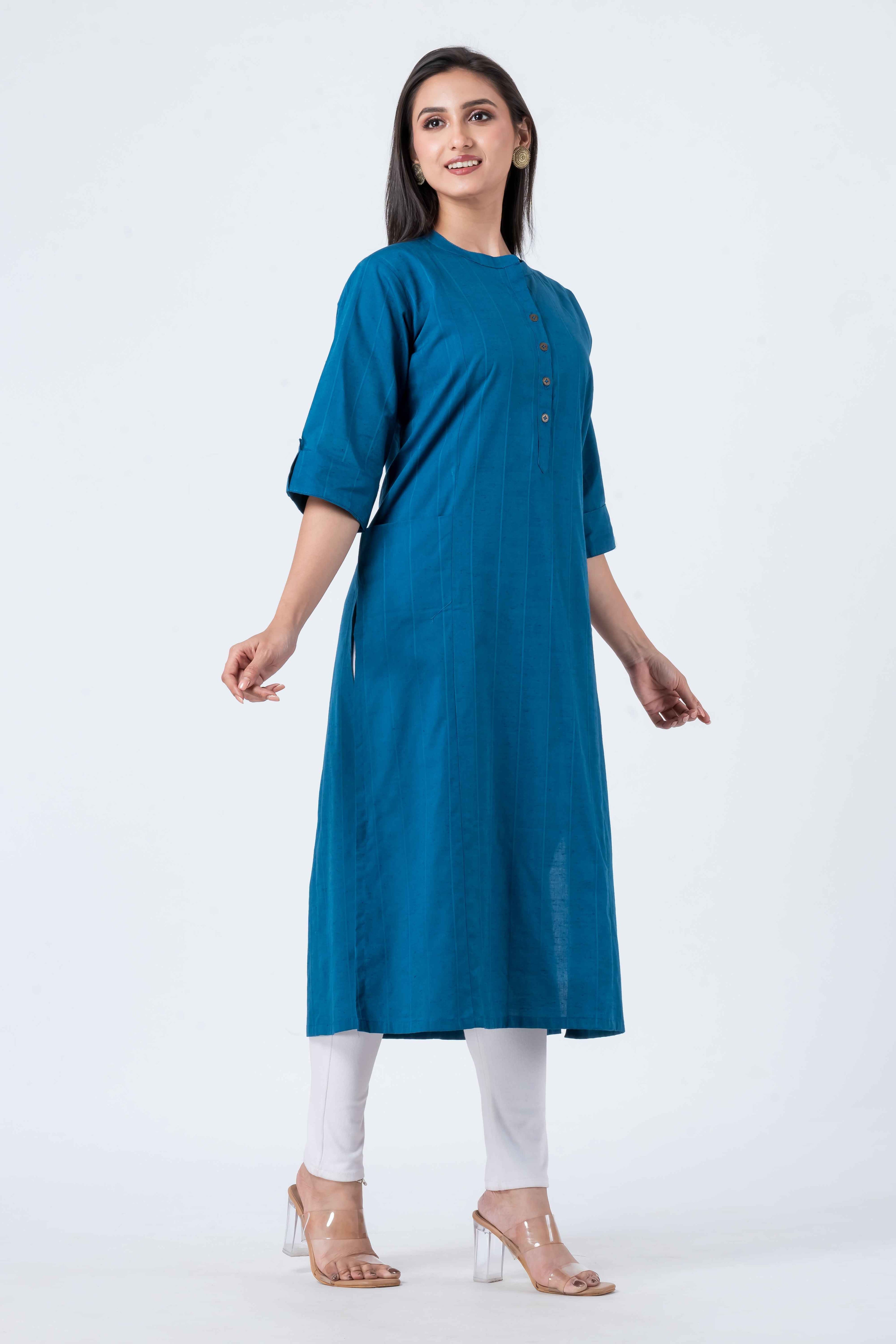Attire Hub Womens Pure Cotton Blue Self Design Kurti