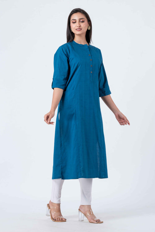 Attire Hub Womens Pure Cotton Blue Self Design Kurti