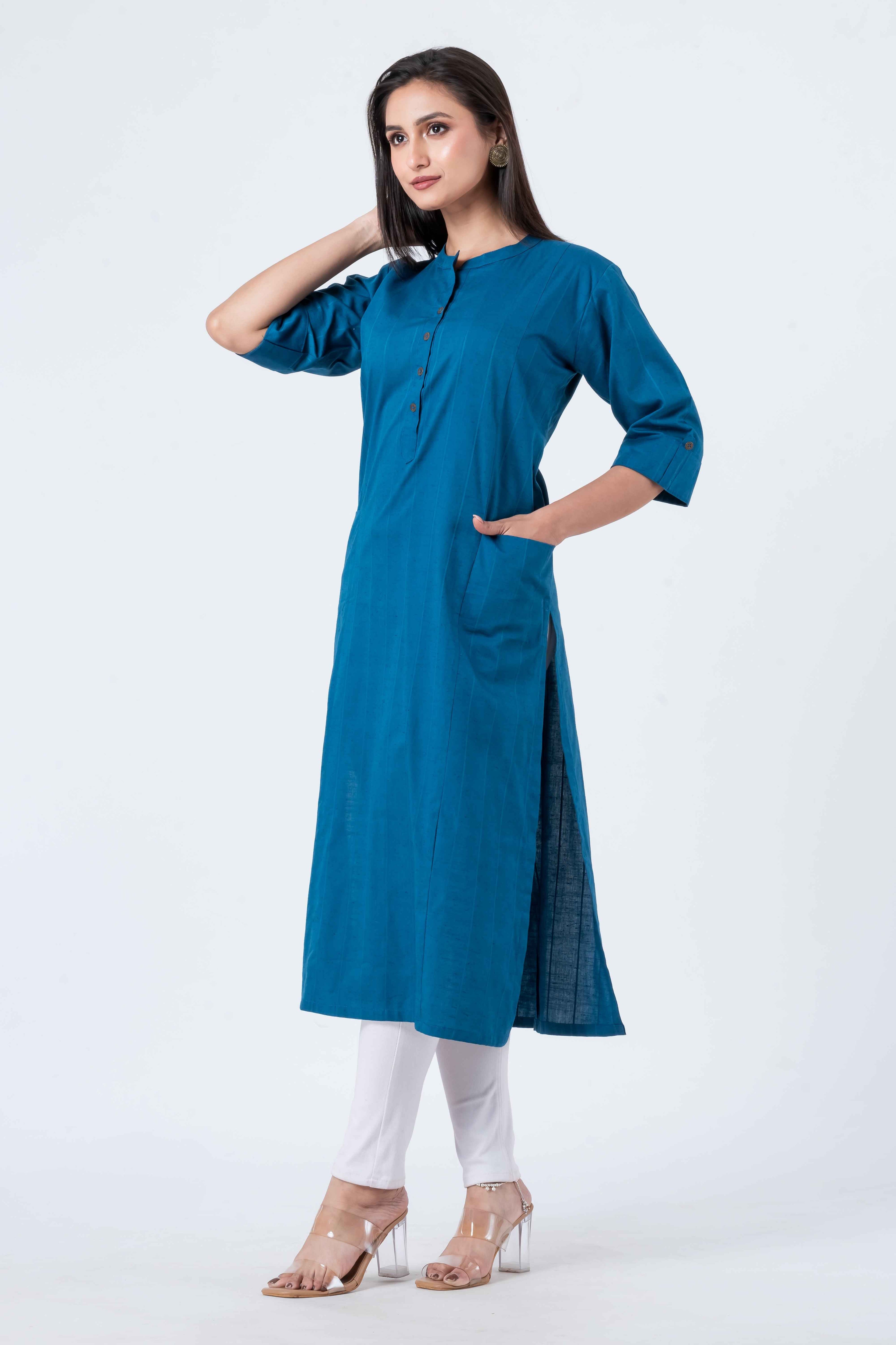 Attire Hub Womens Pure Cotton Blue Self Design Kurti