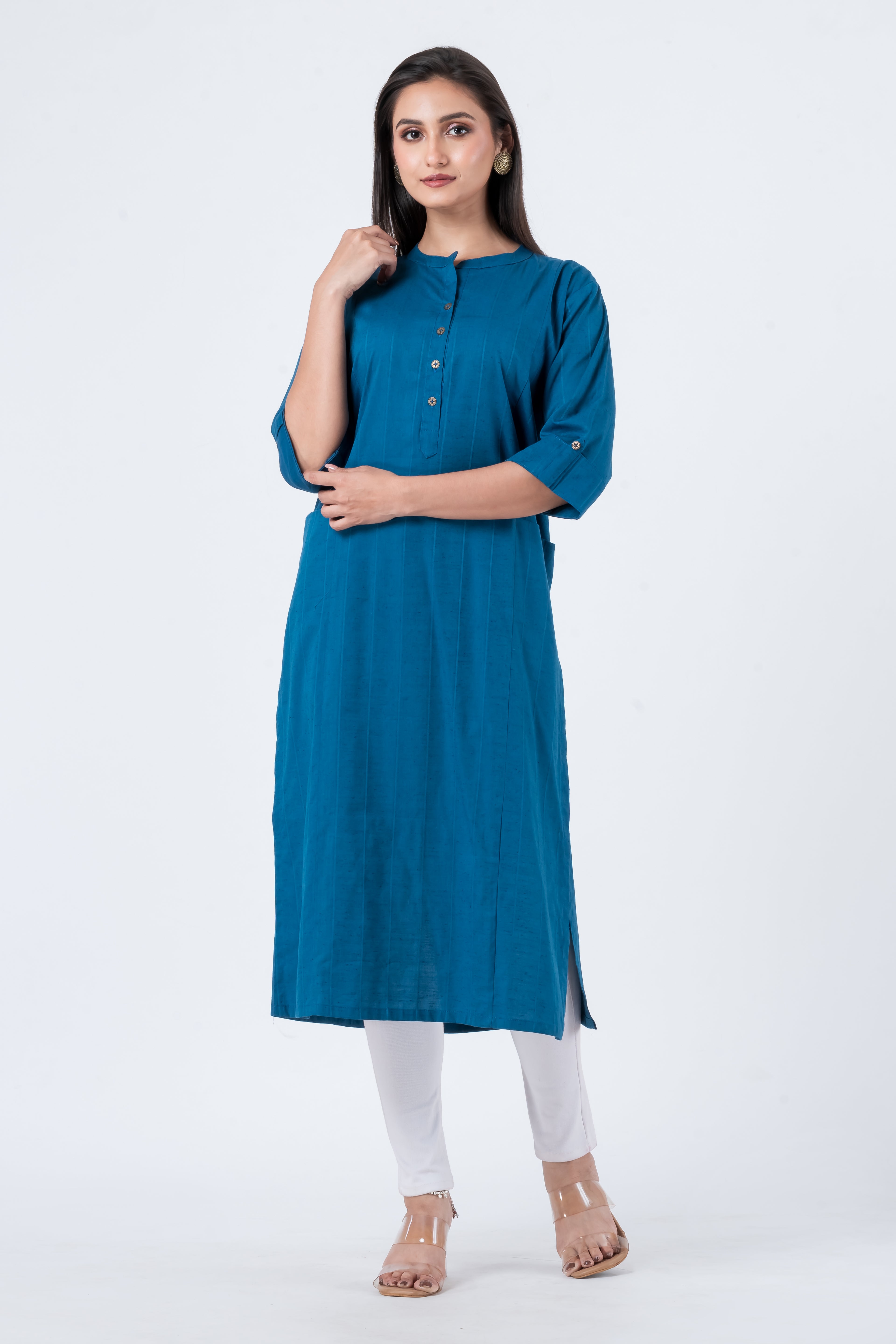 Attire Hub Womens Pure Cotton Blue Self Design Kurti