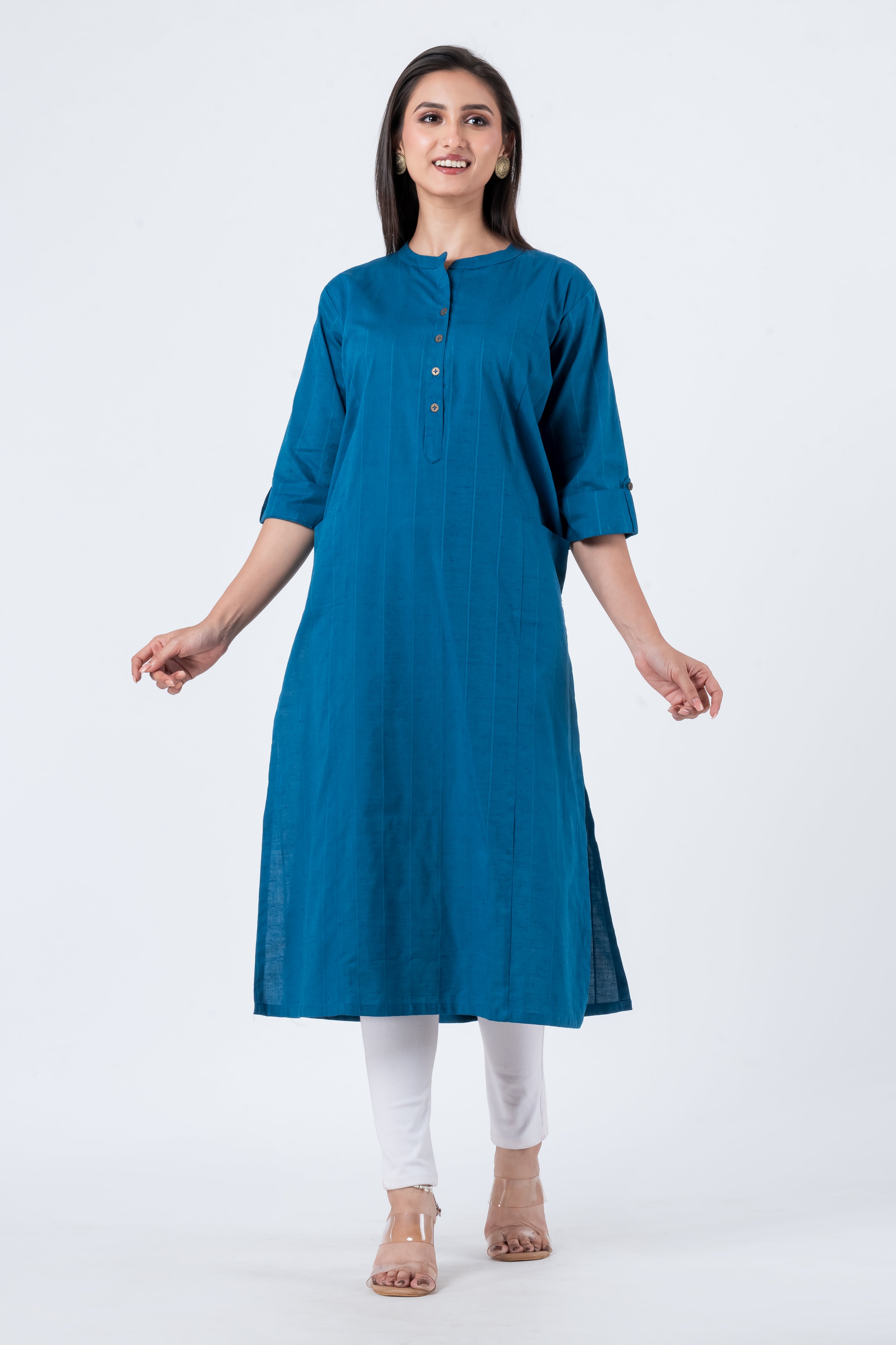 Attire Hub Womens Pure Cotton Blue Self Design Kurti
