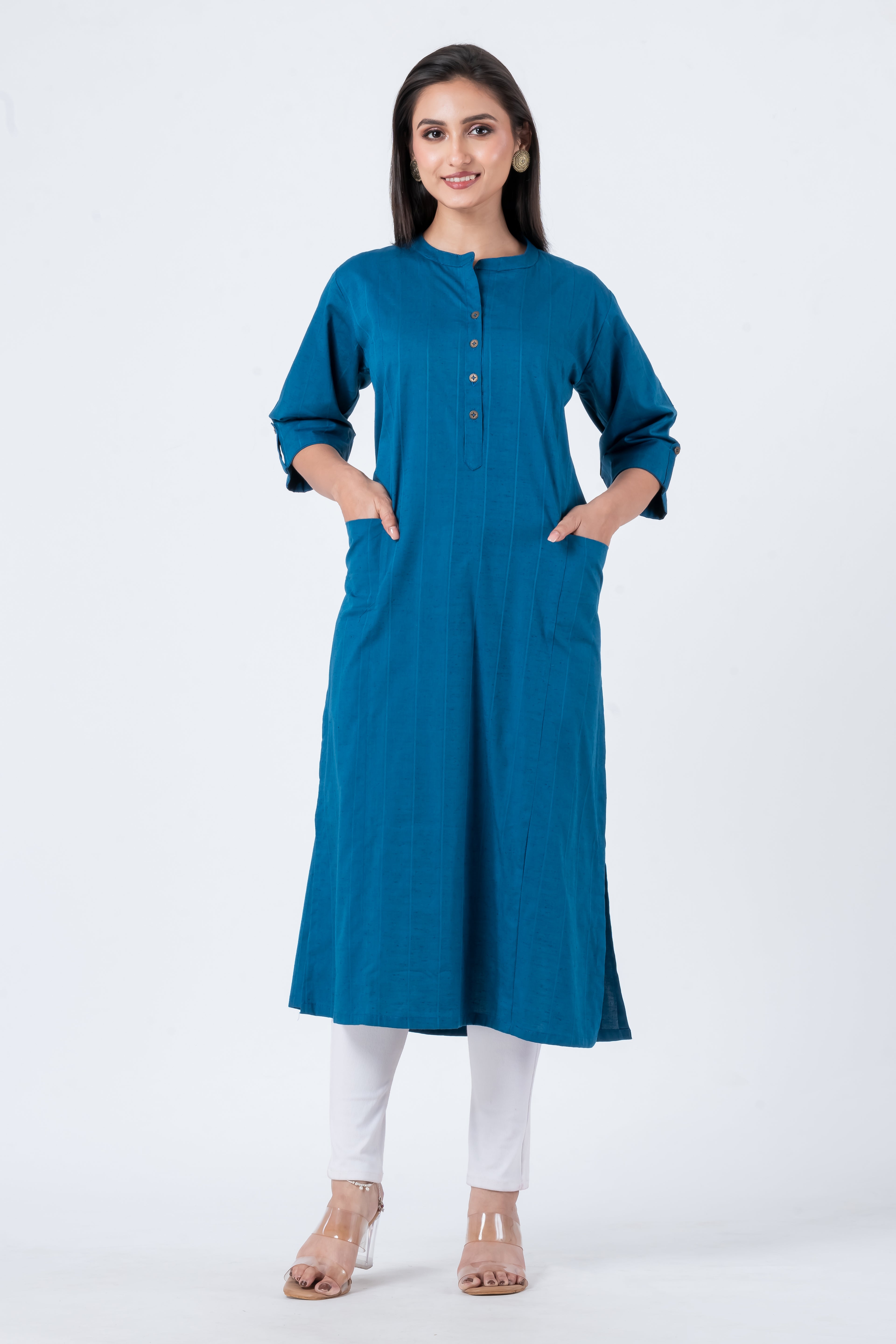 Attire Hub Womens Pure Cotton Blue Self Design Kurti