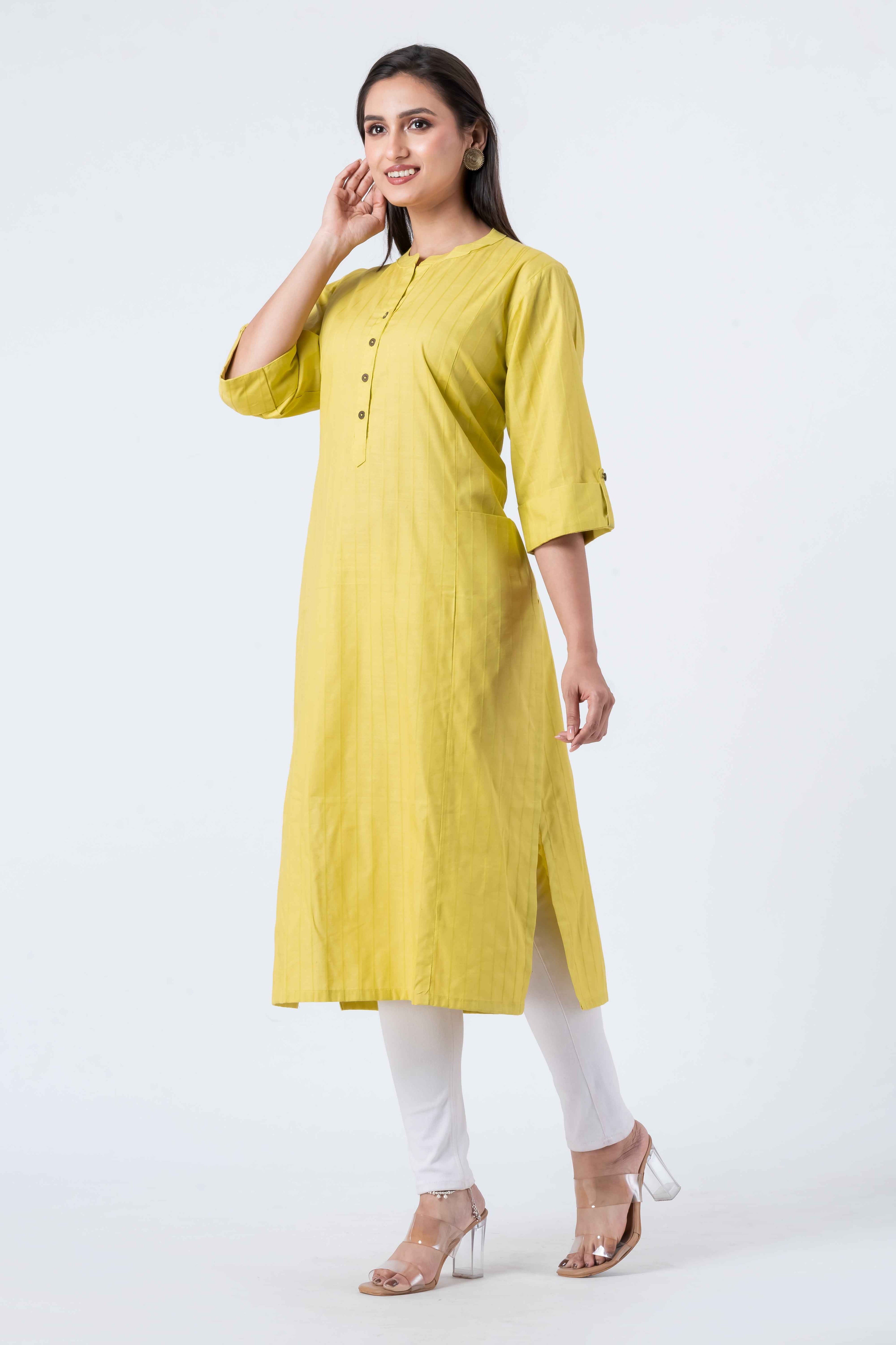 Attire Hub Womens Pure Cotton Yellow Self Design Kurti
