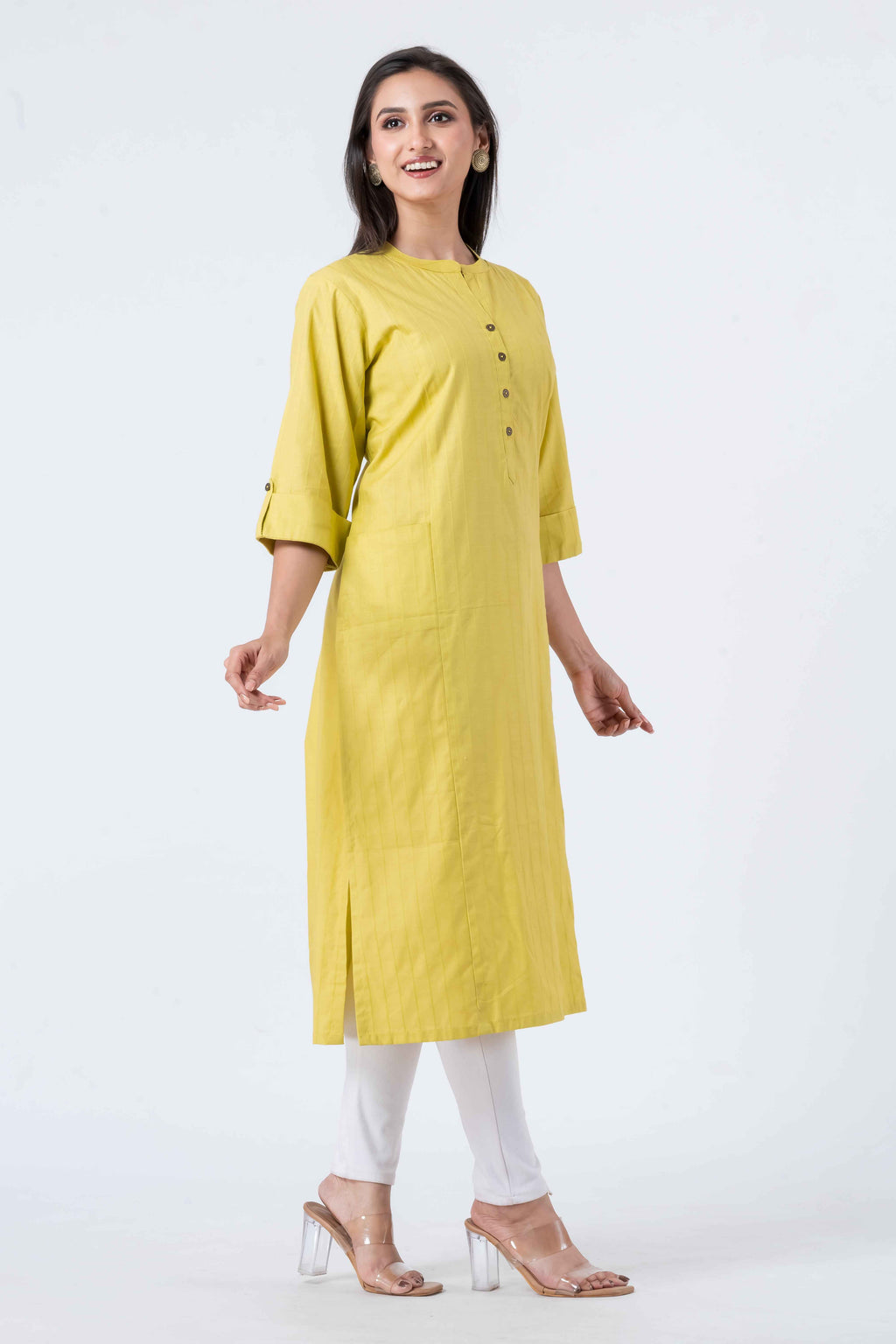 Attire Hub Womens Pure Cotton Yellow Self Design Kurti