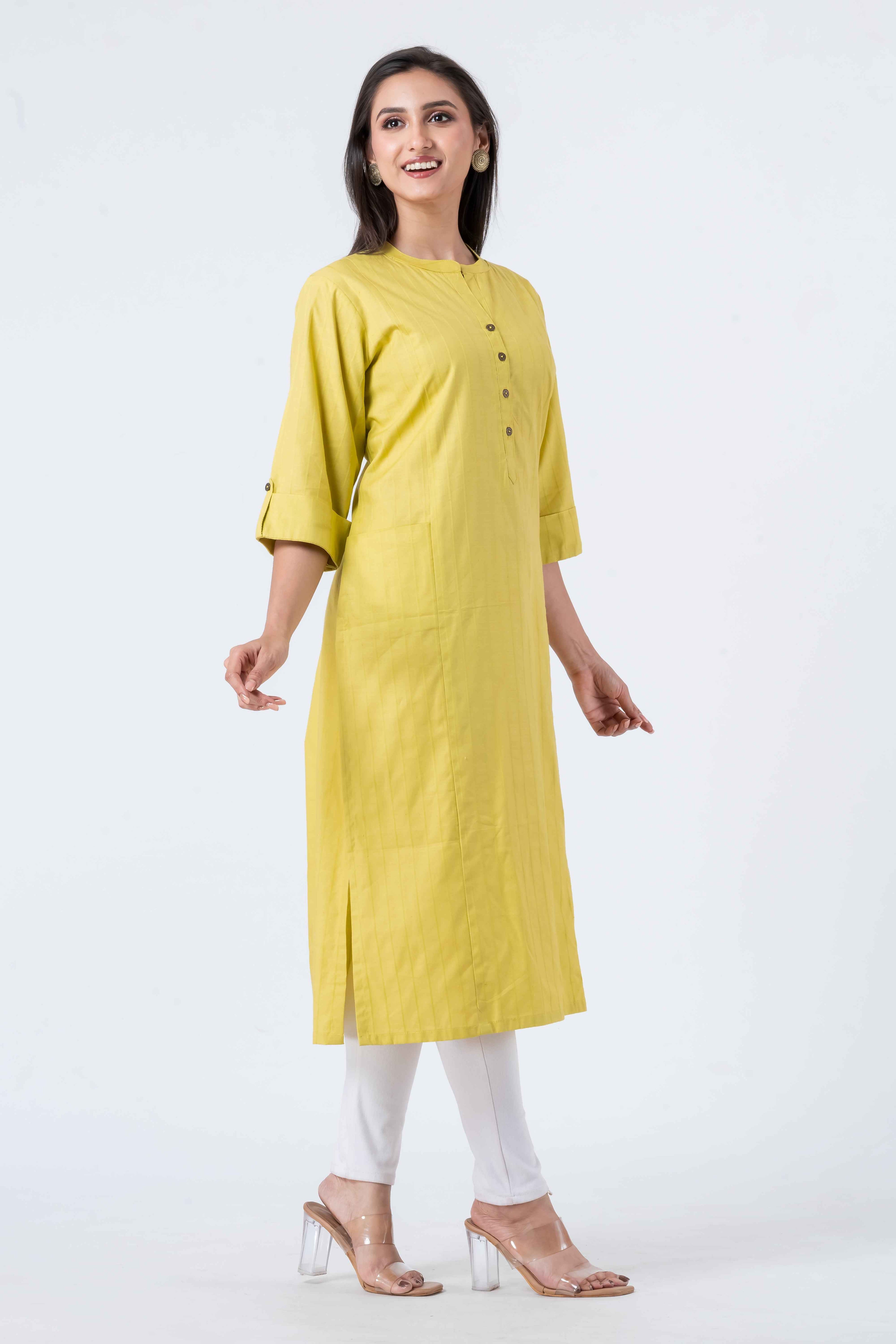 Attire Hub Womens Pure Cotton Yellow Self Design Kurti