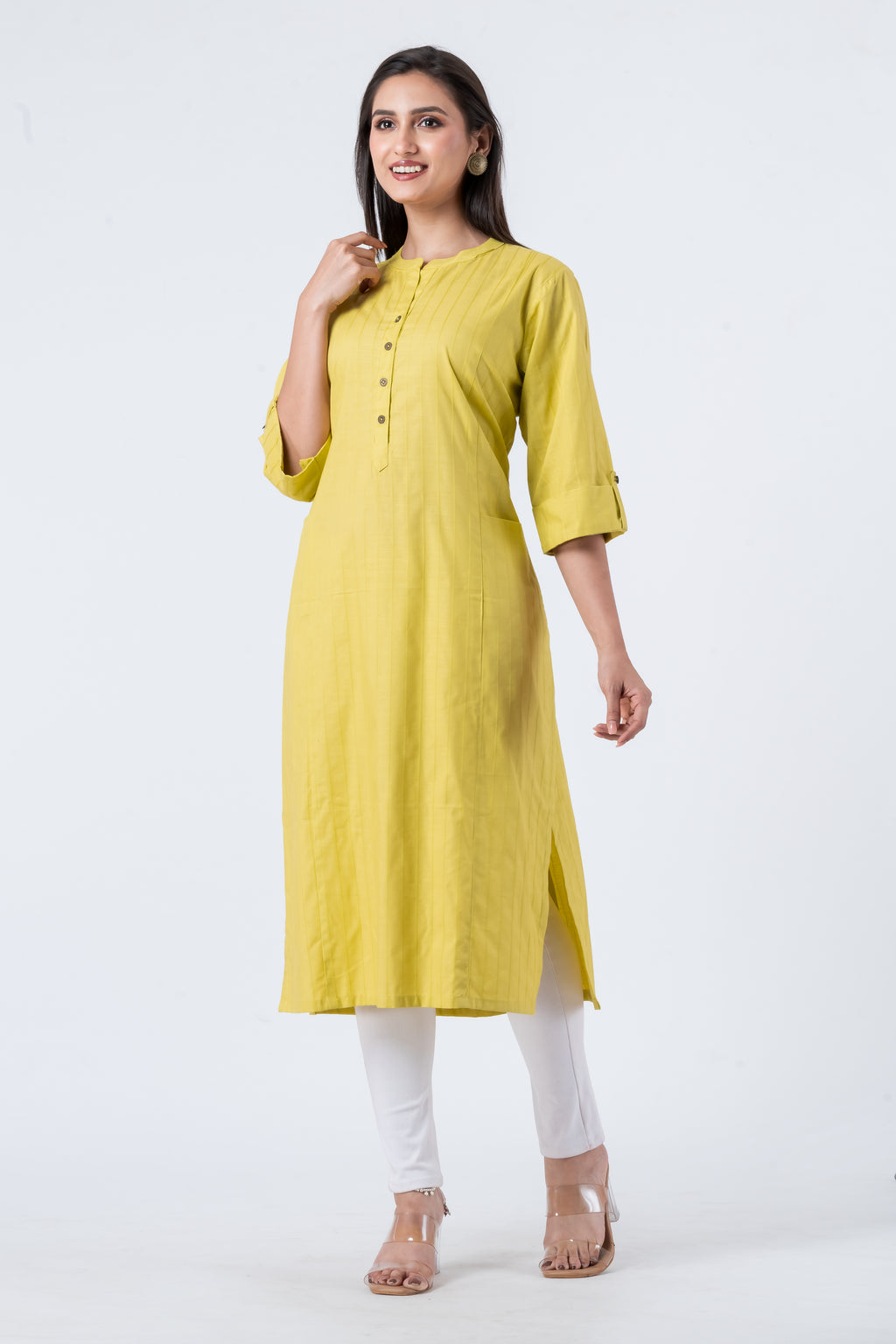Attire Hub Womens Pure Cotton Yellow Self Design Kurti