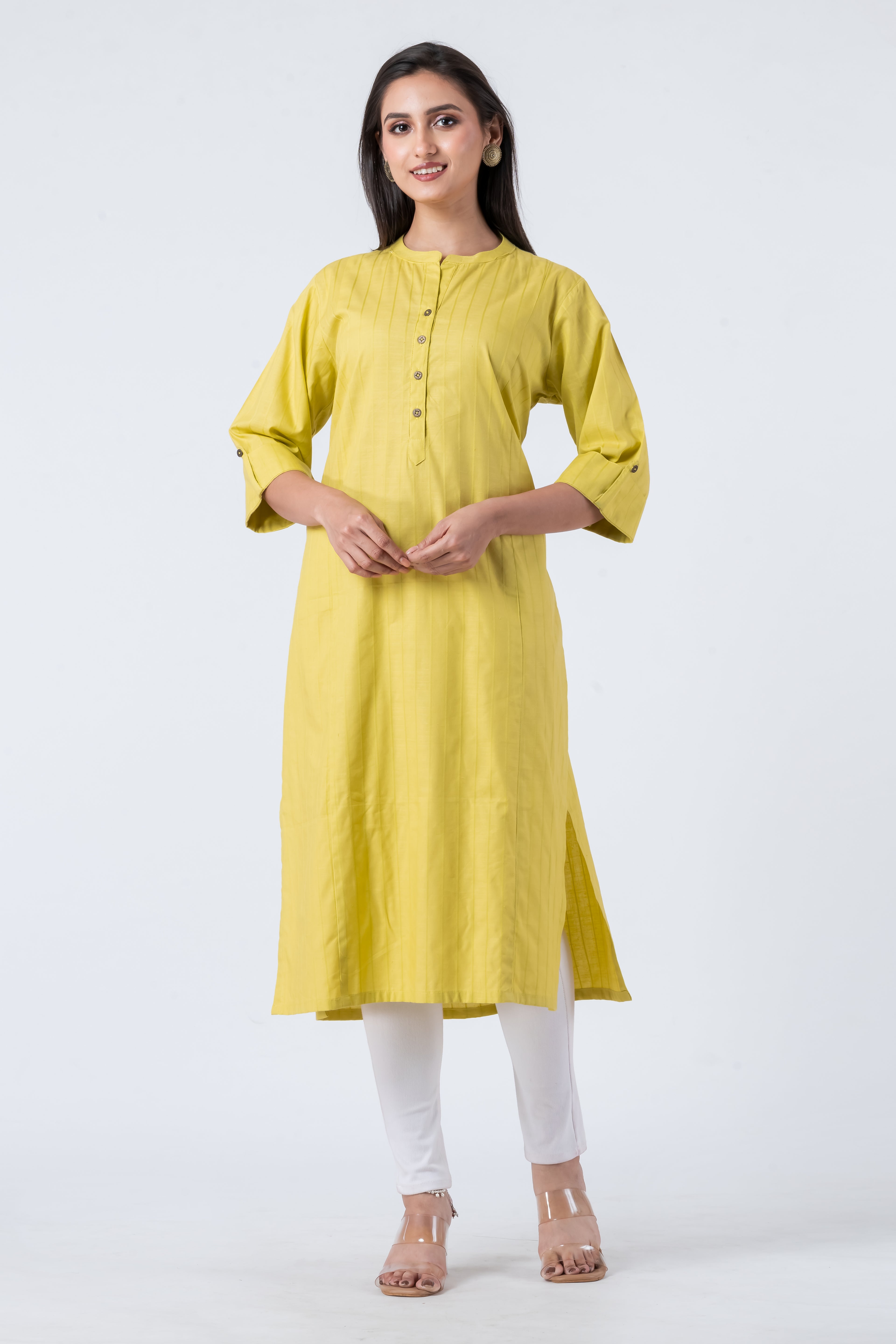 Attire Hub Womens Pure Cotton Yellow Self Design Kurti