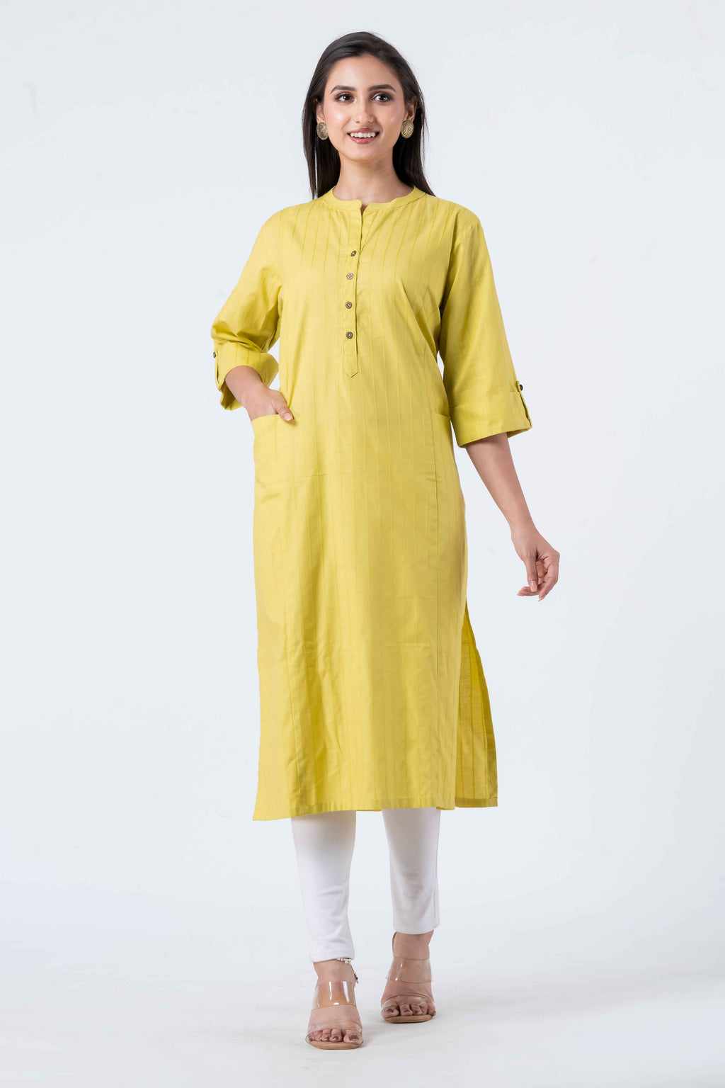 Attire Hub Womens Pure Cotton Yellow Self Design Kurti