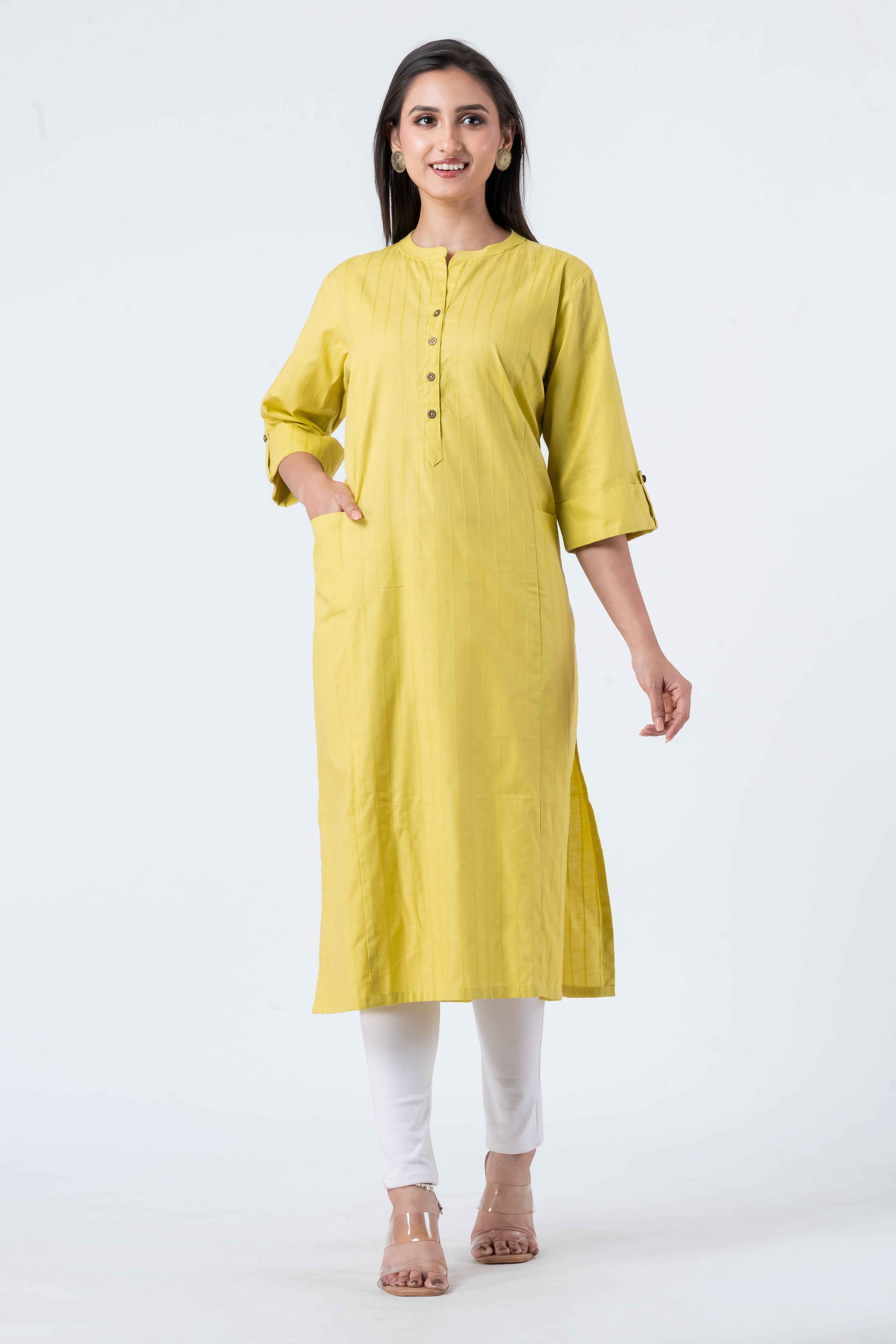 Attire Hub Womens Pure Cotton Yellow Self Design Kurti