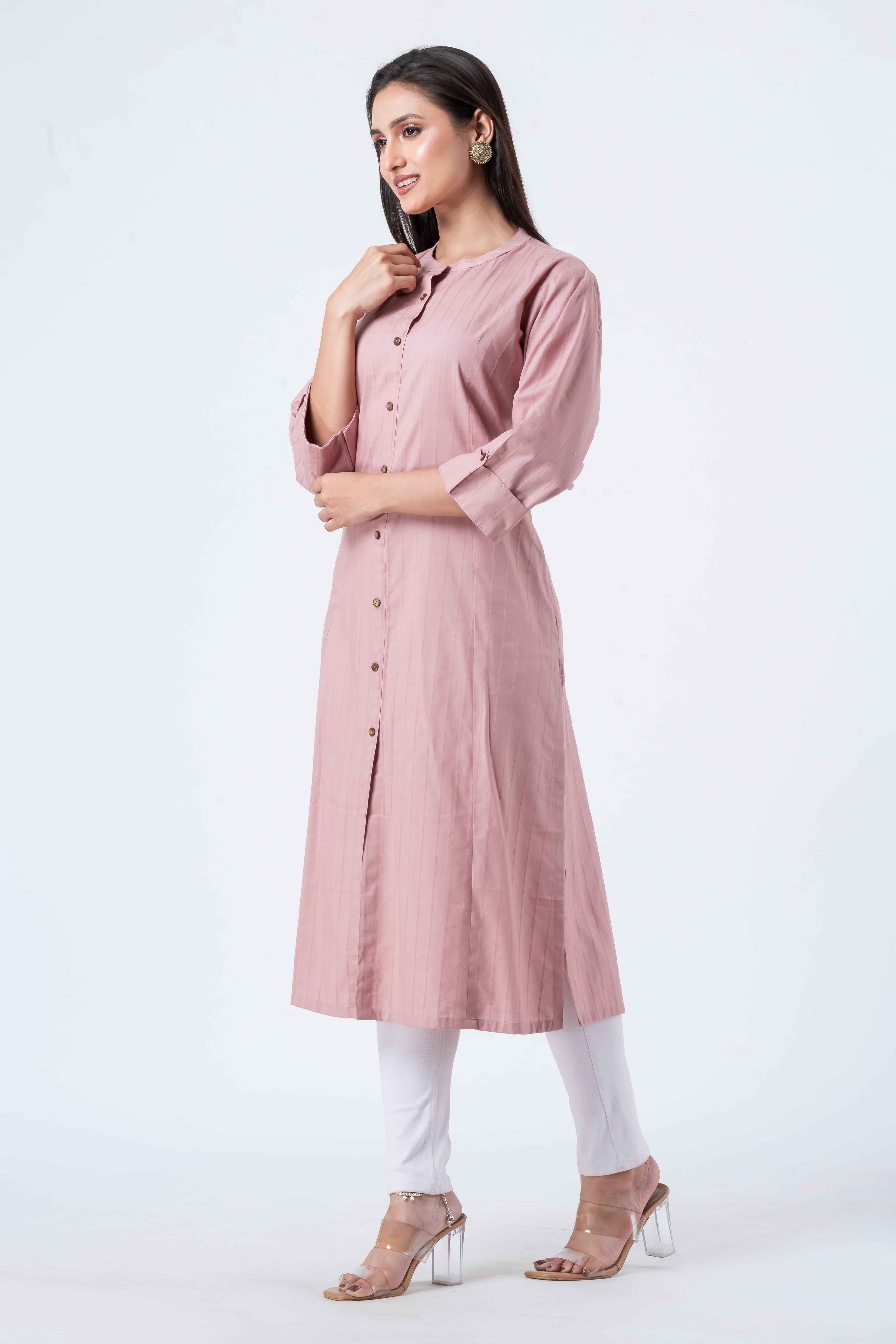 Attire Hub Womens Pure Cotton Pink Self Design Kurti
