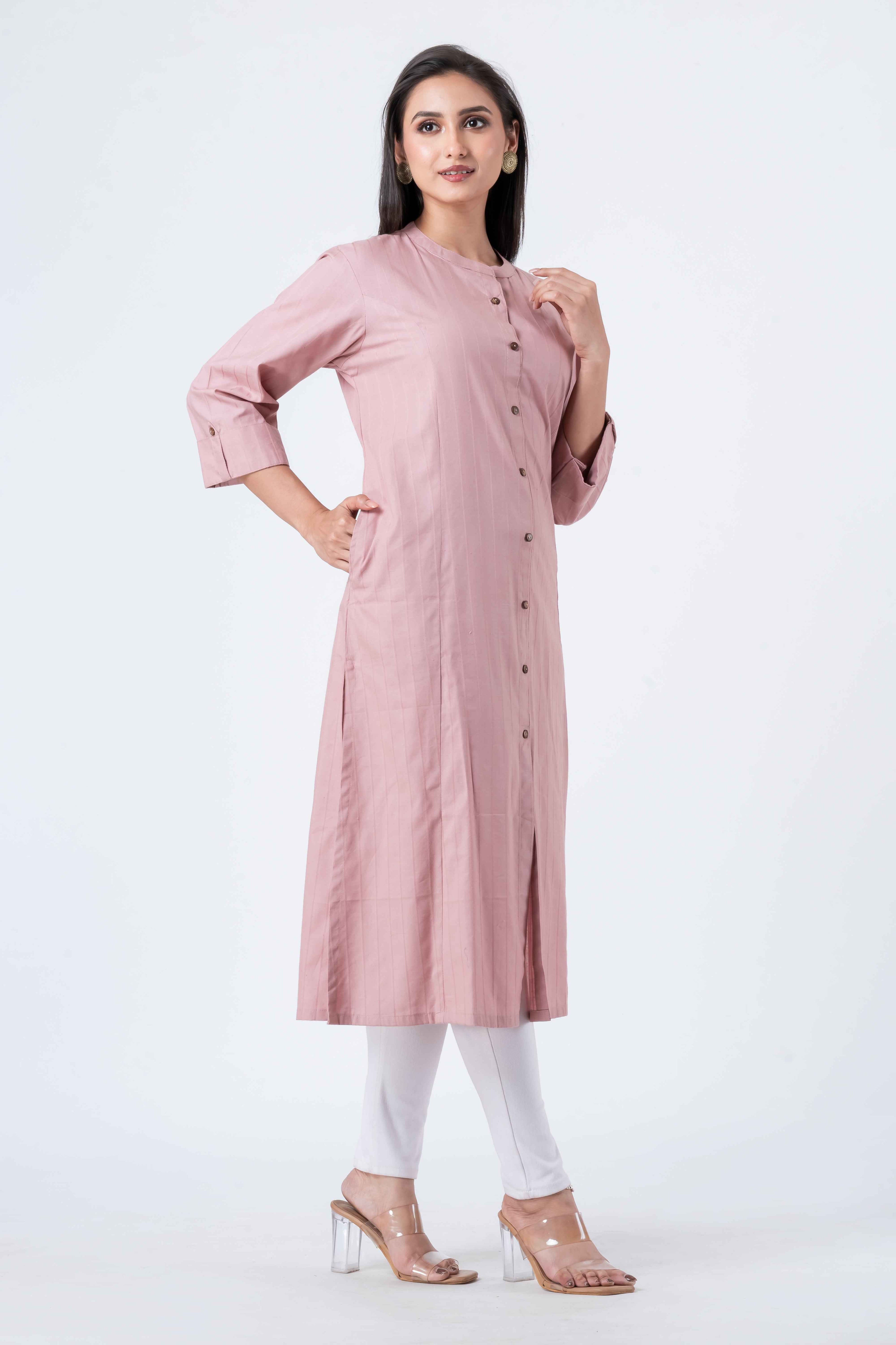 Attire Hub Womens Pure Cotton Pink Self Design Kurti
