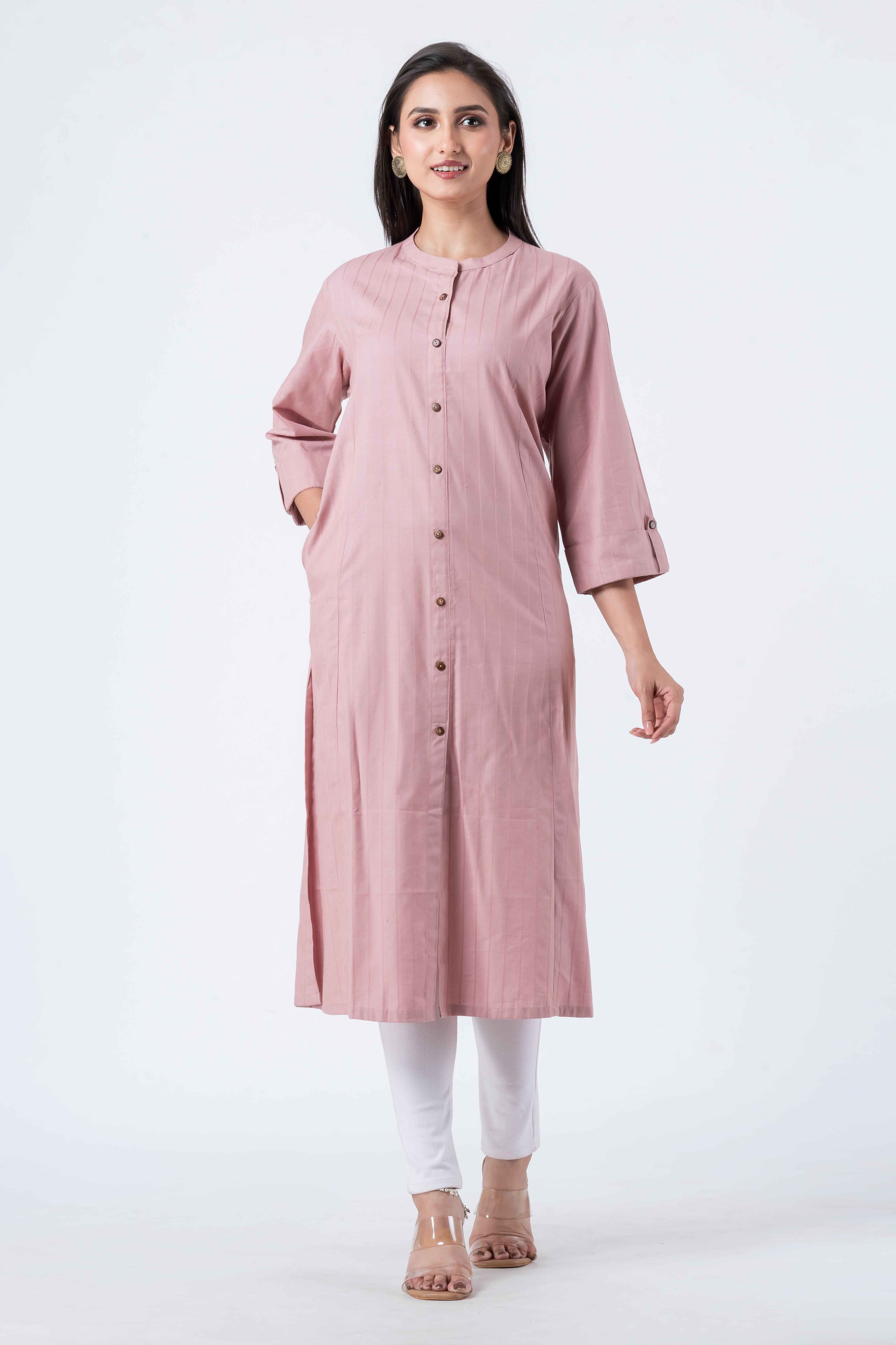 Attire Hub Womens Pure Cotton Pink Self Design Kurti