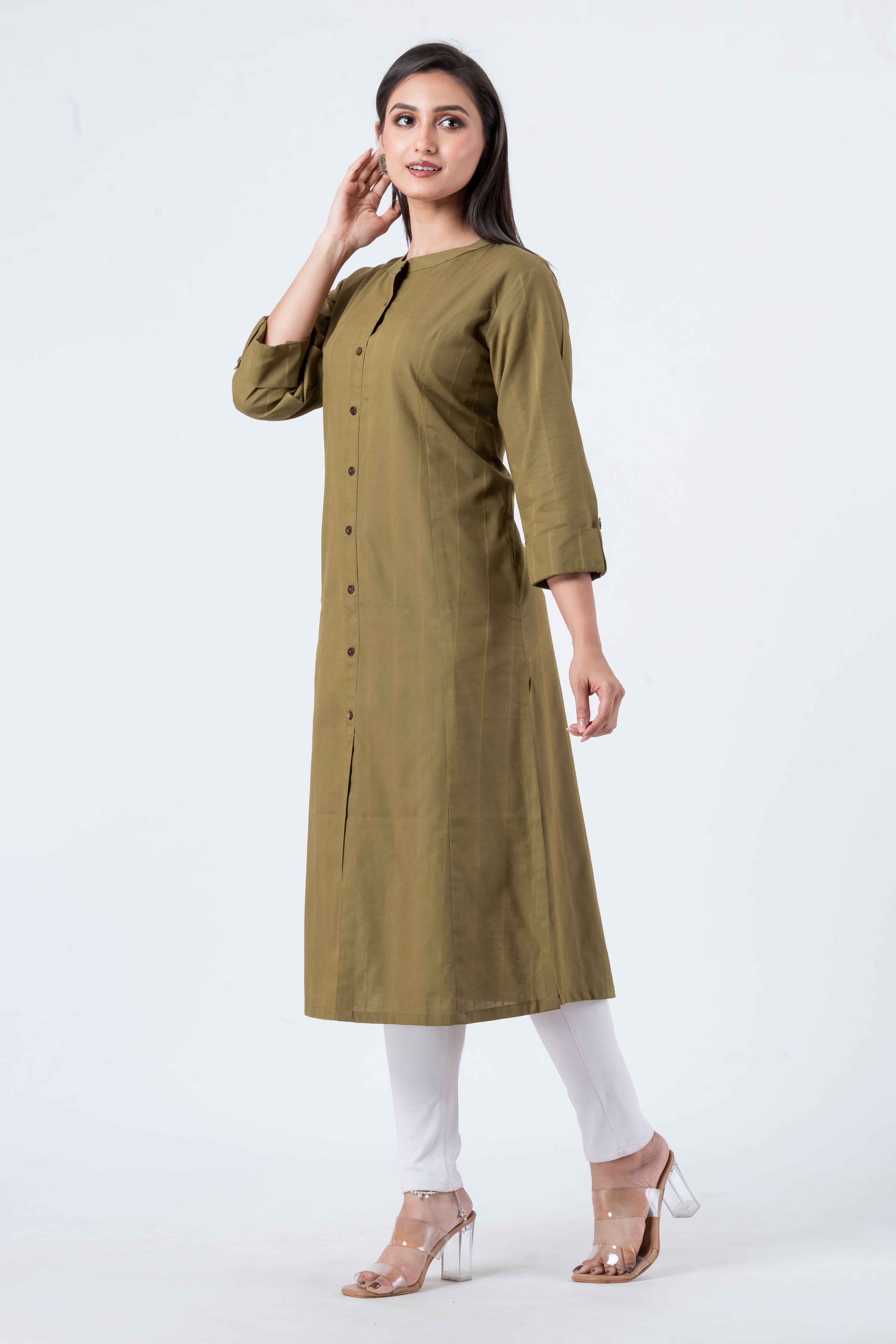 Attire Hub Womens Pure Cotton Olive Self Design Kurti