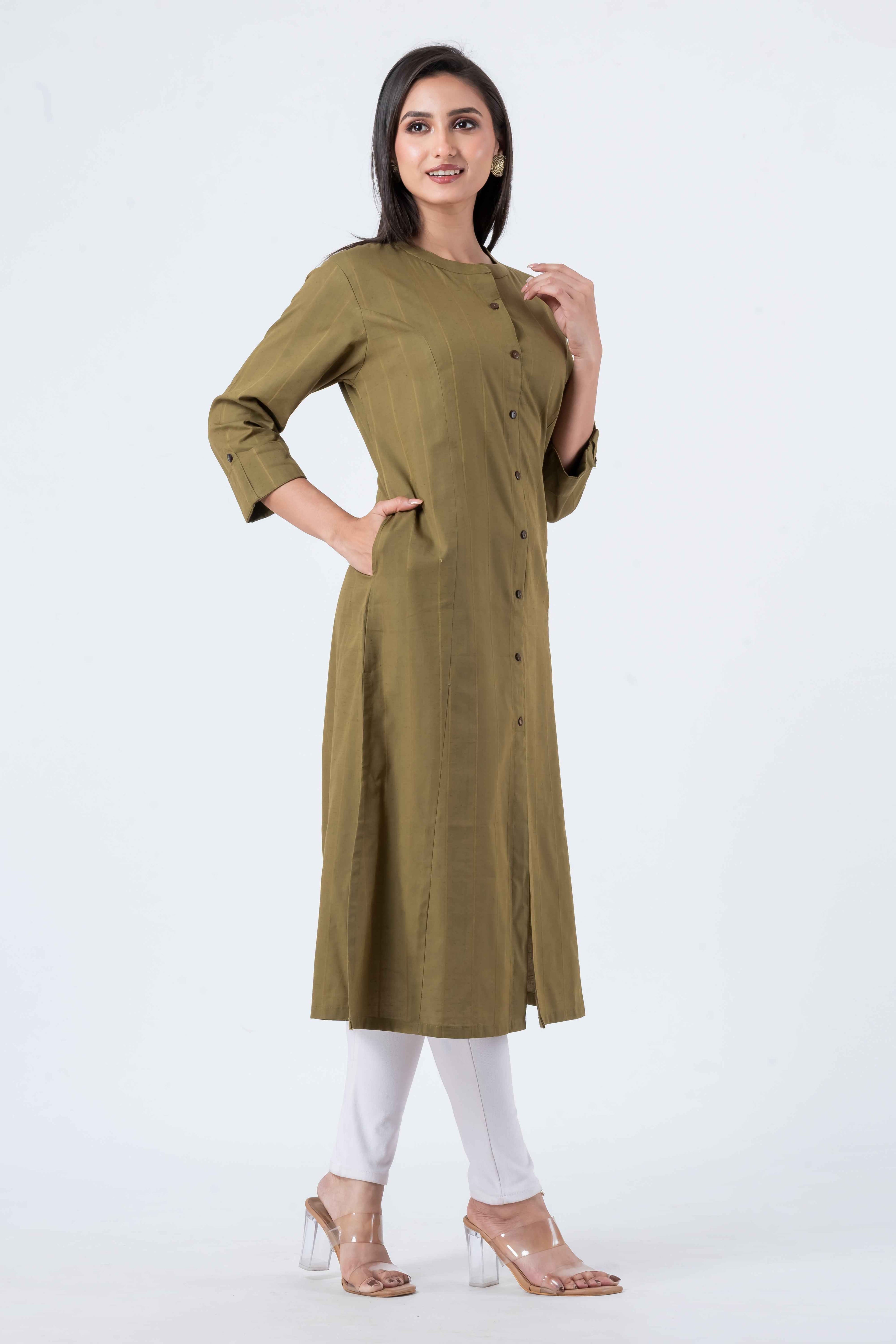 Attire Hub Womens Pure Cotton Olive Self Design Kurti