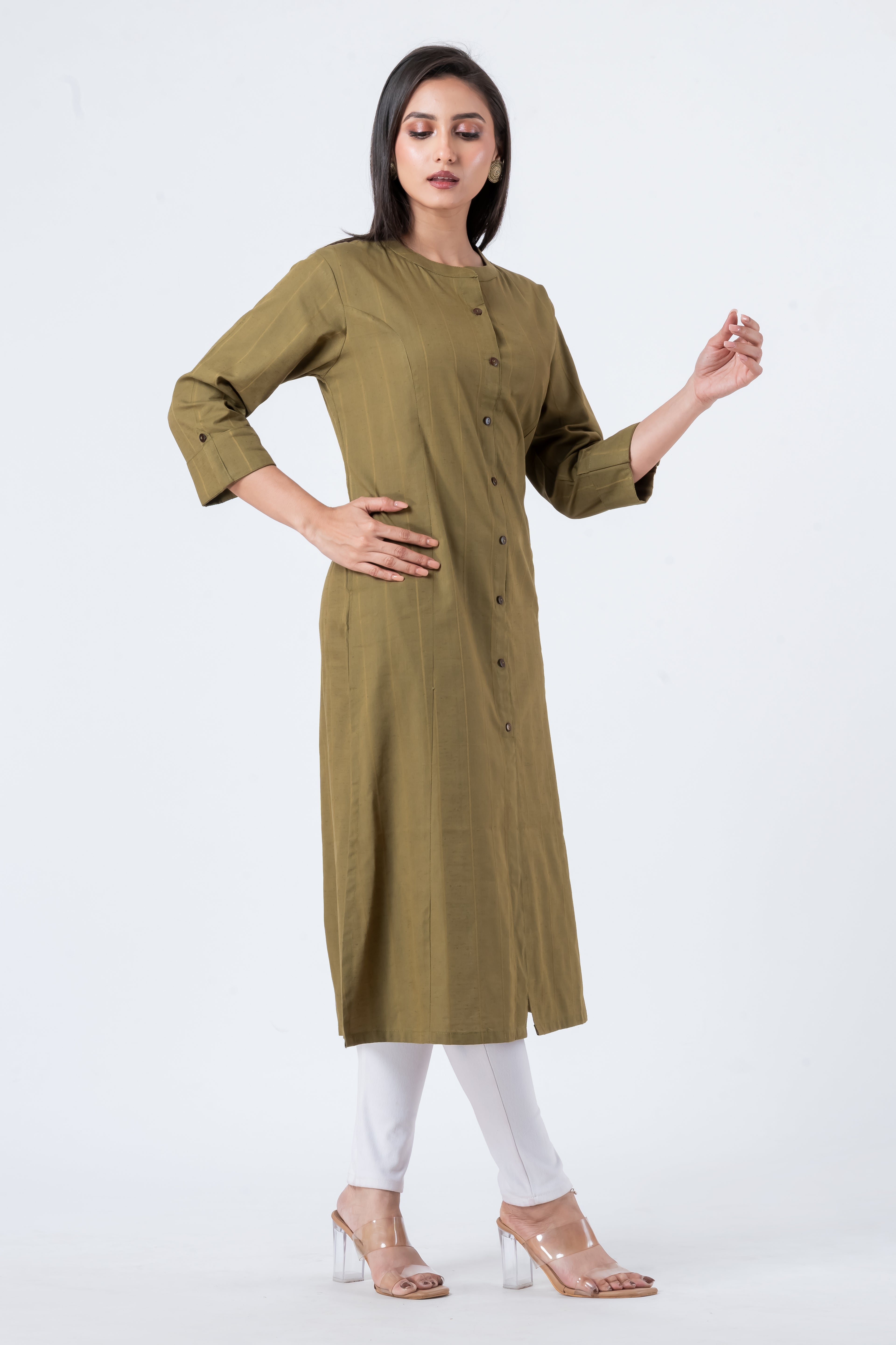 Attire Hub Womens Pure Cotton Olive Self Design Kurti