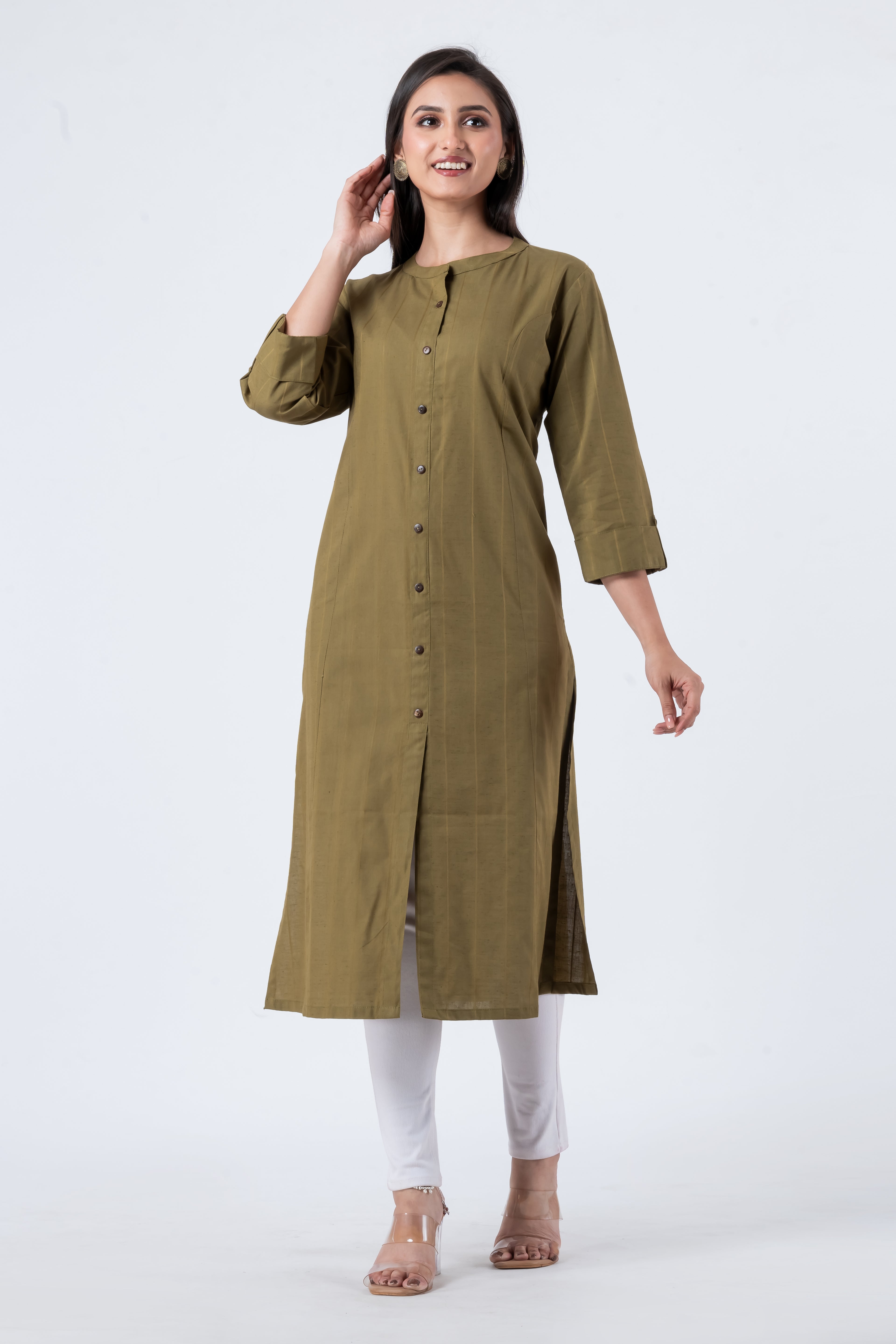Attire Hub Womens Pure Cotton Olive Self Design Kurti