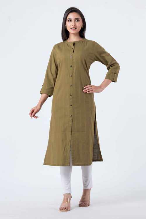 Attire Hub Womens Pure Cotton Olive Self Design Kurti