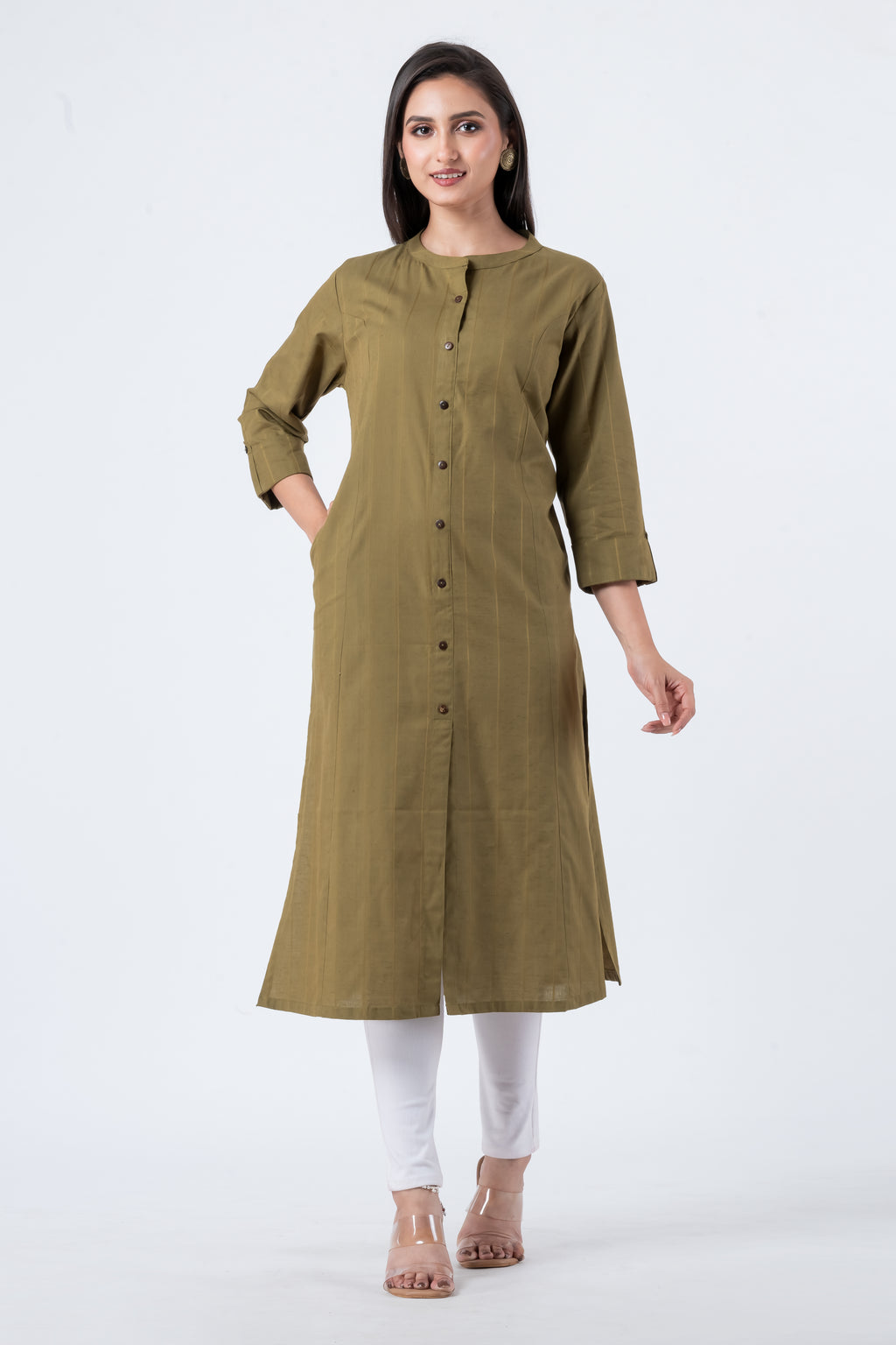 Attire Hub Womens Pure Cotton Olive Self Design Kurti