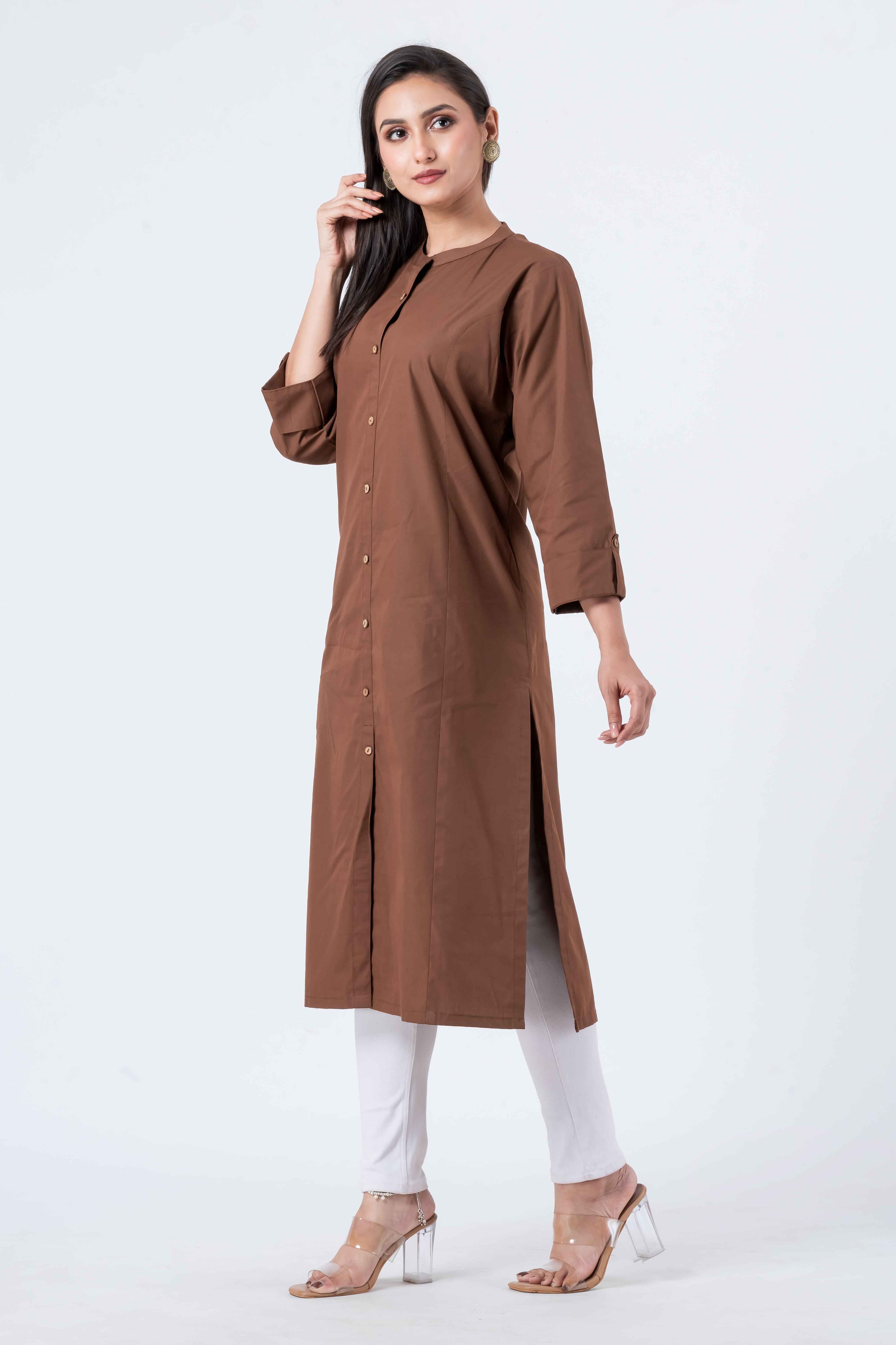 Attire Hub Womens Pure Cotton Brown Solid Kurti
