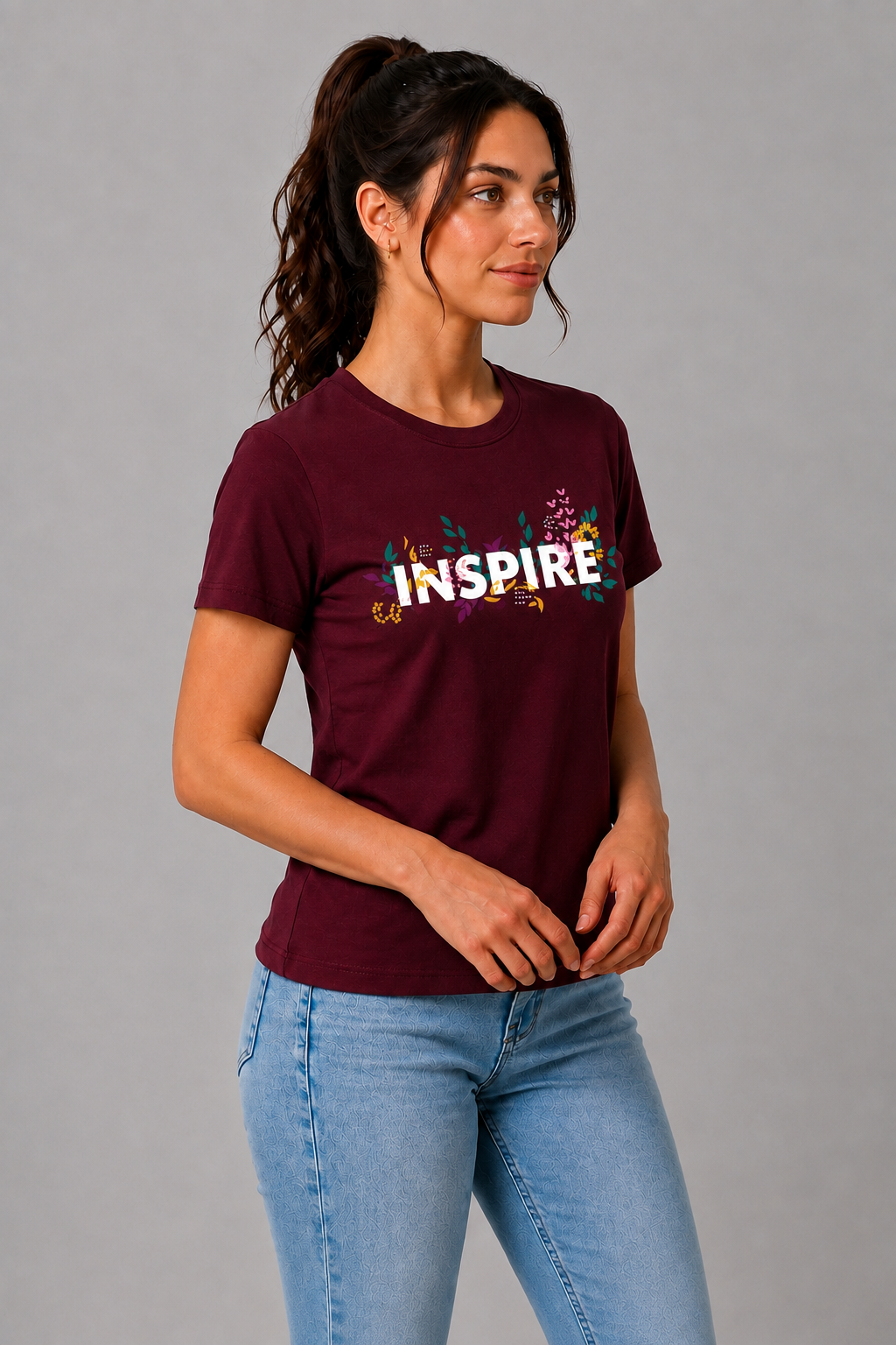 Attire Hub Womens Pure Cotton Maroon Inspire Printed Round T-Shirt