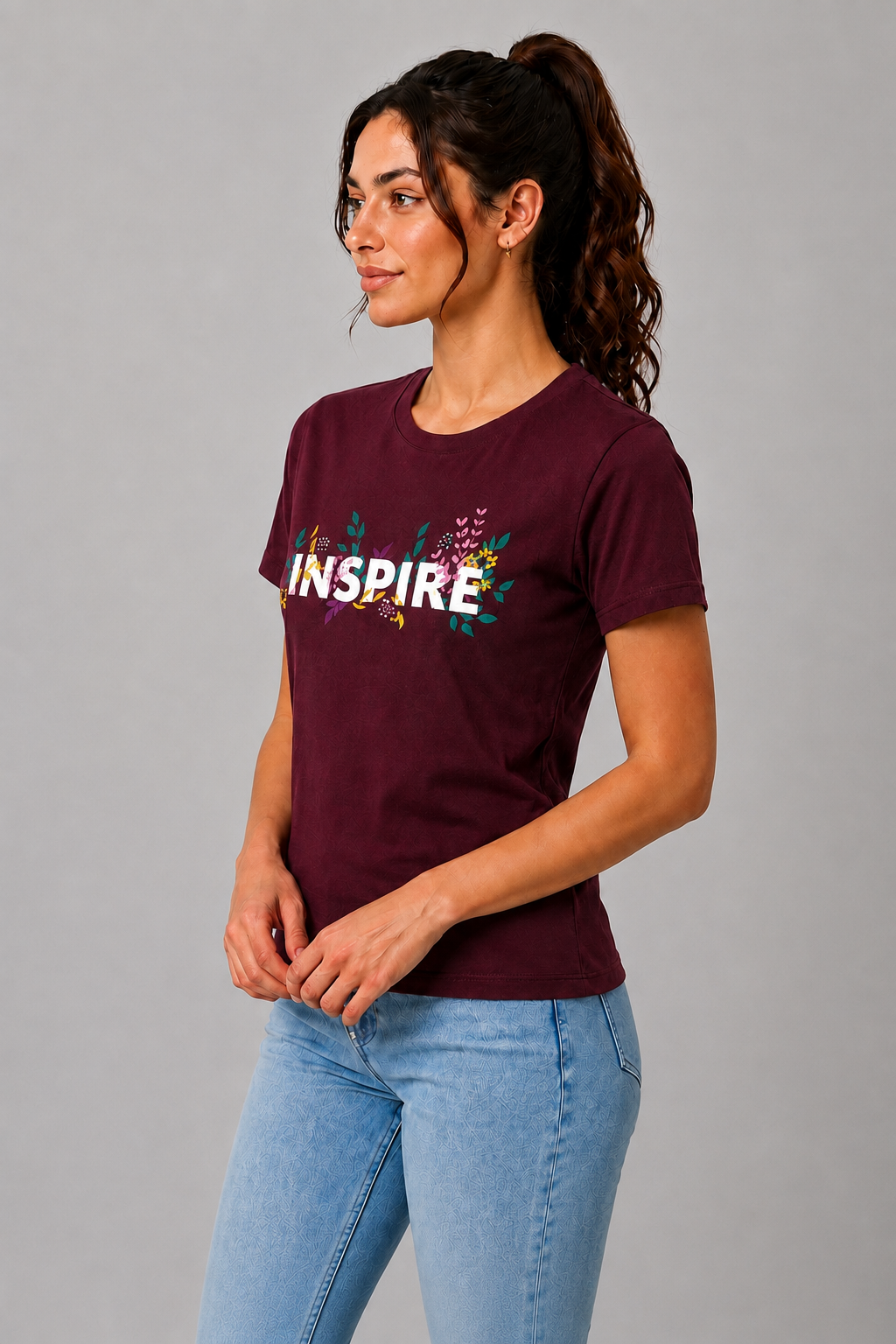 Attire Hub Womens Pure Cotton Maroon Inspire Printed Round T-Shirt