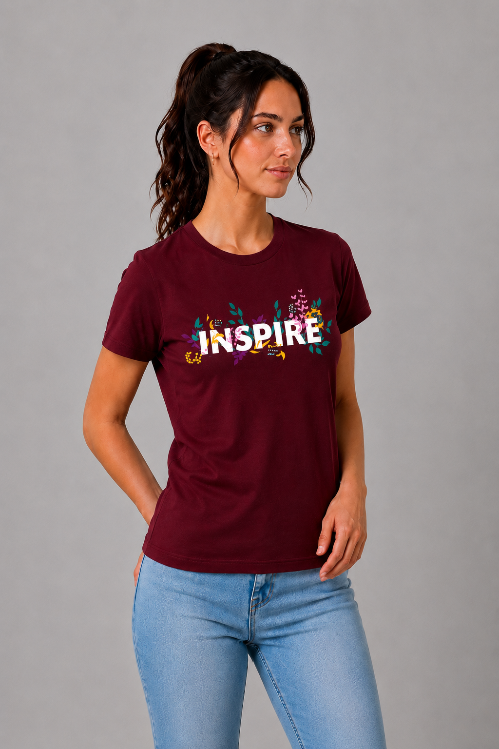 Attire Hub Womens Pure Cotton Maroon Inspire Printed Round T-Shirt